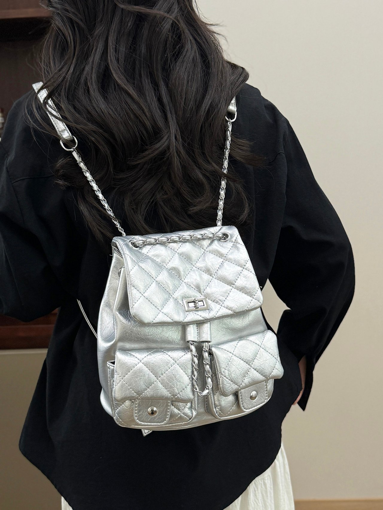 Silver Quilted Backpack 
