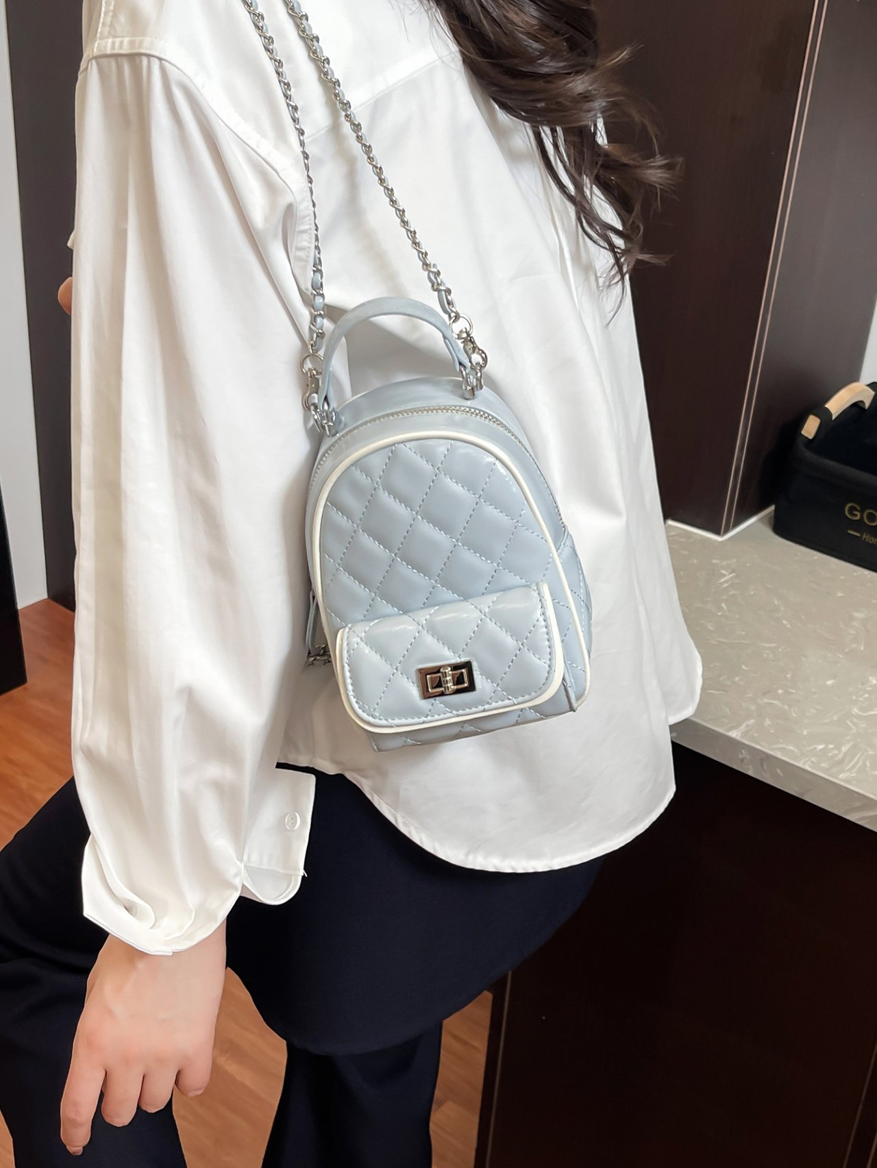 Blue Quilted Mini Backpack with Chain Strap