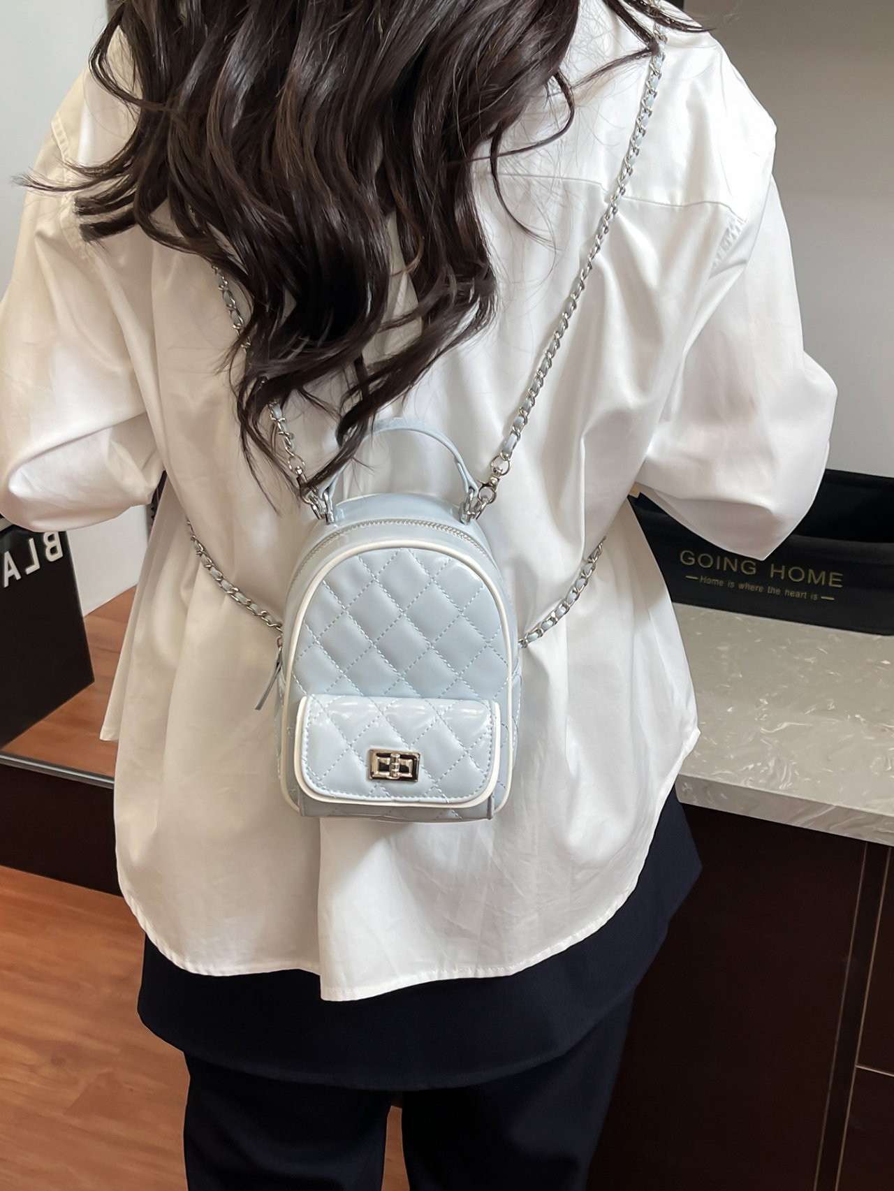 Blue Quilted Mini Backpack with Chain Strap
