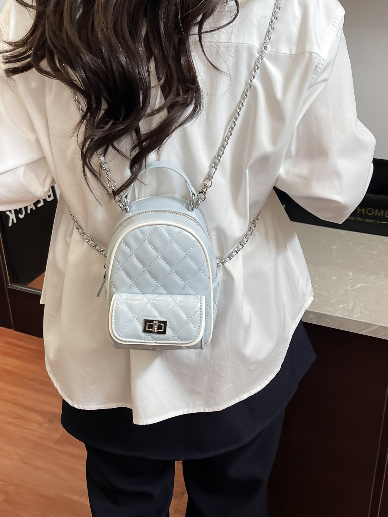 Blue Quilted Mini Backpack with Chain Strap