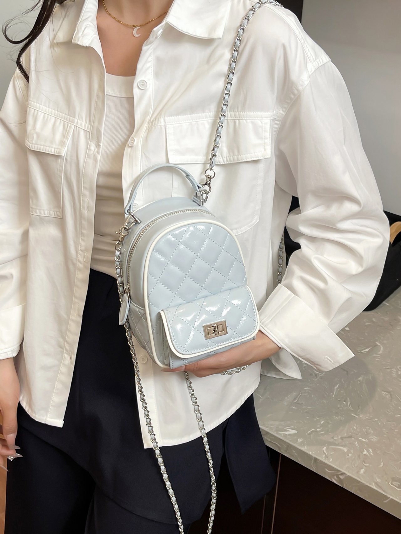 Blue Quilted Mini Backpack with Chain Strap