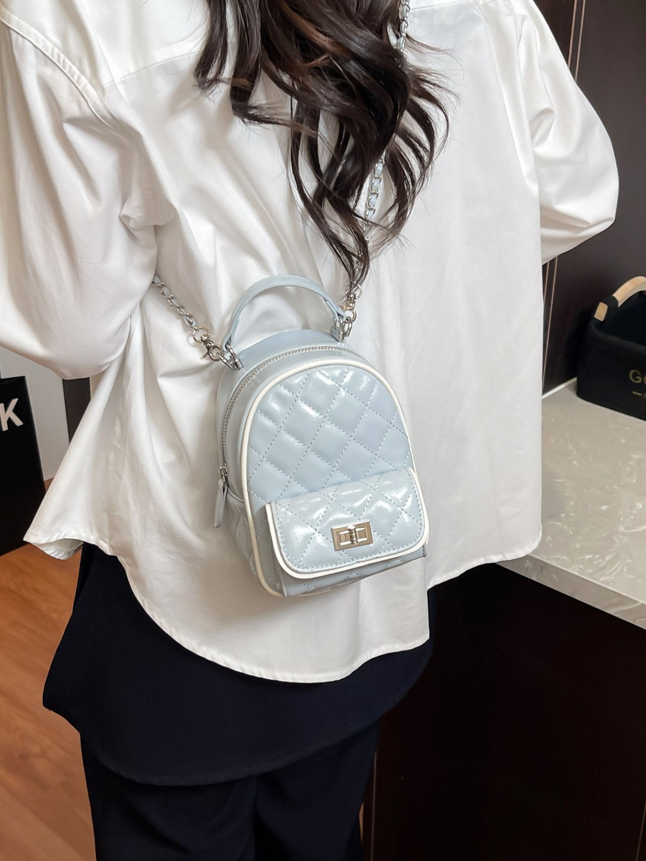 Blue Quilted Mini Backpack with Chain Strap
