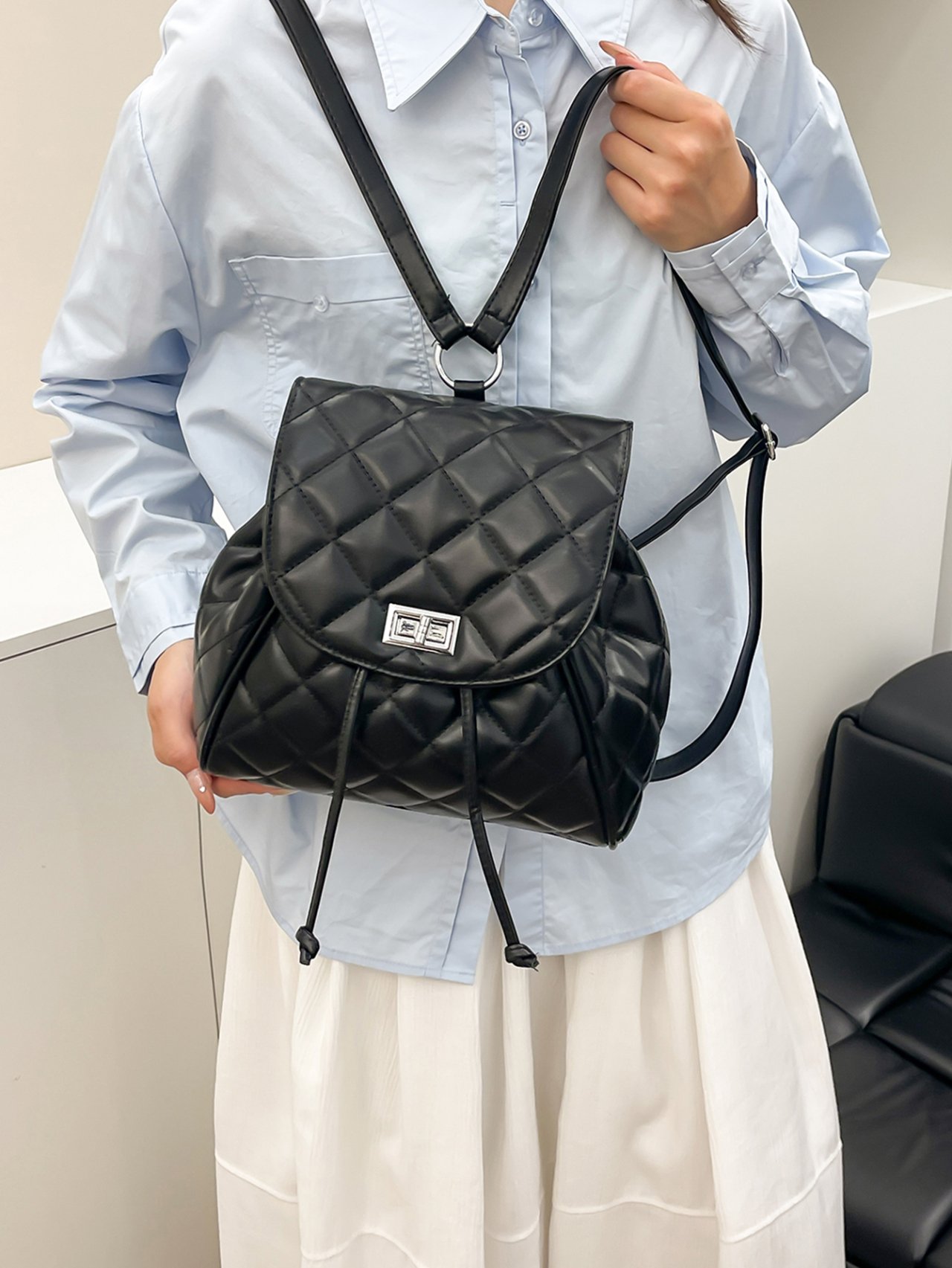 Black Quilted Drawstring Backpack 