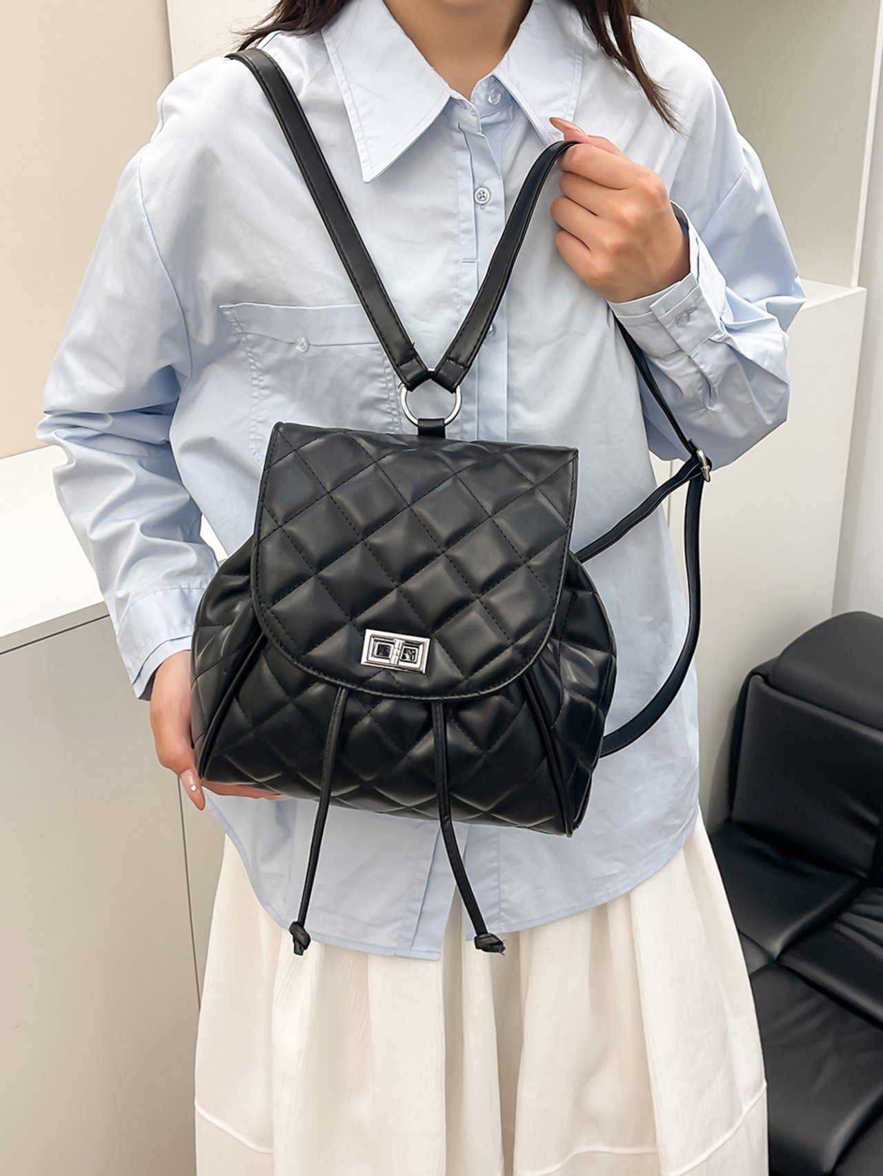 Black Quilted Drawstring Backpack 