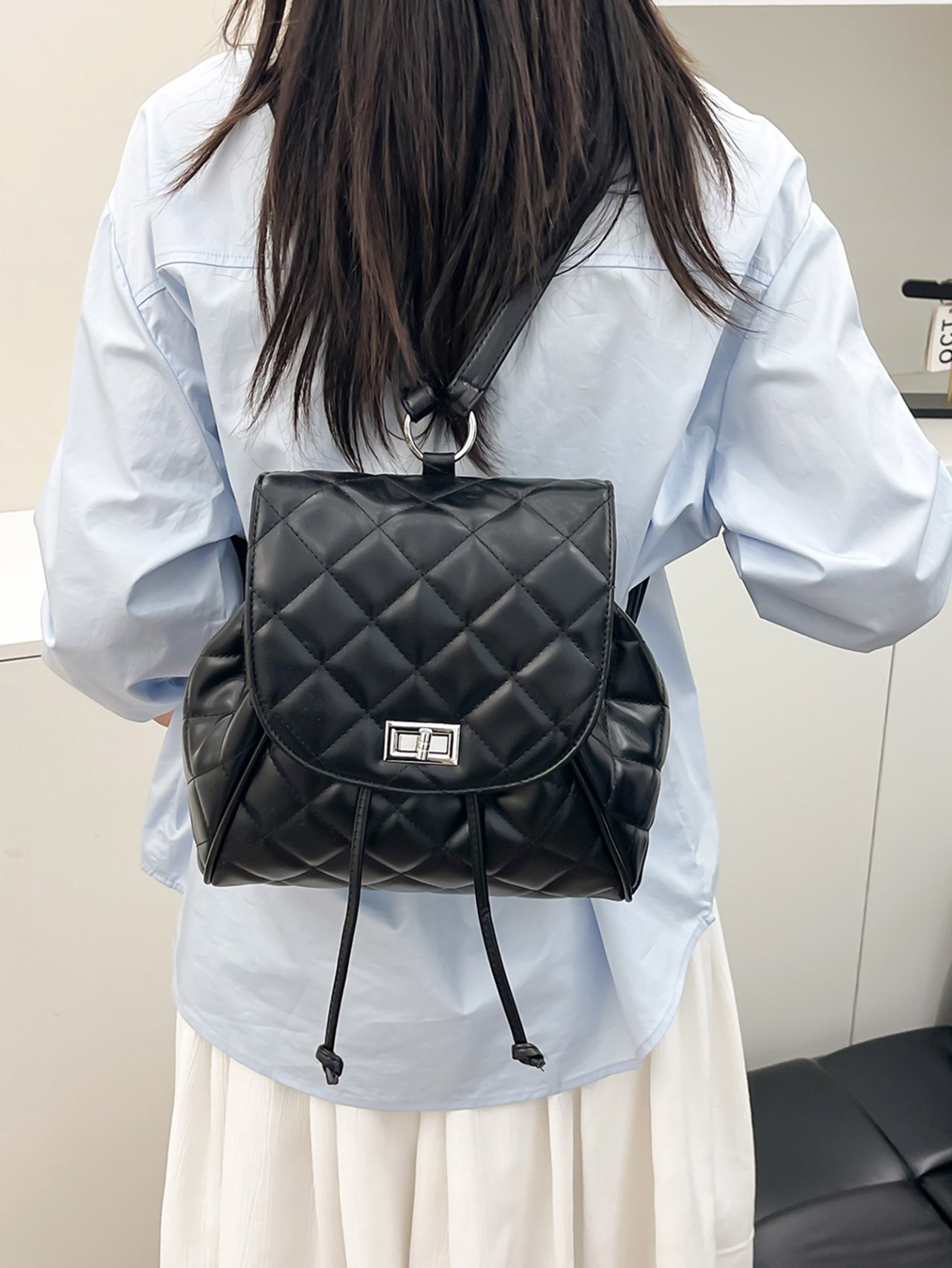 Black Quilted Drawstring Backpack 