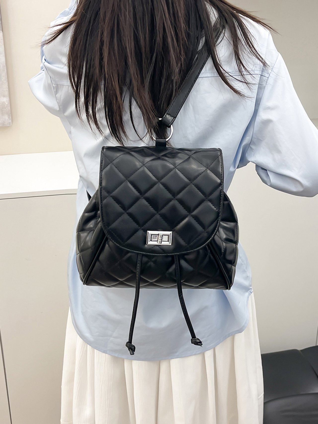Black Quilted Drawstring Backpack 