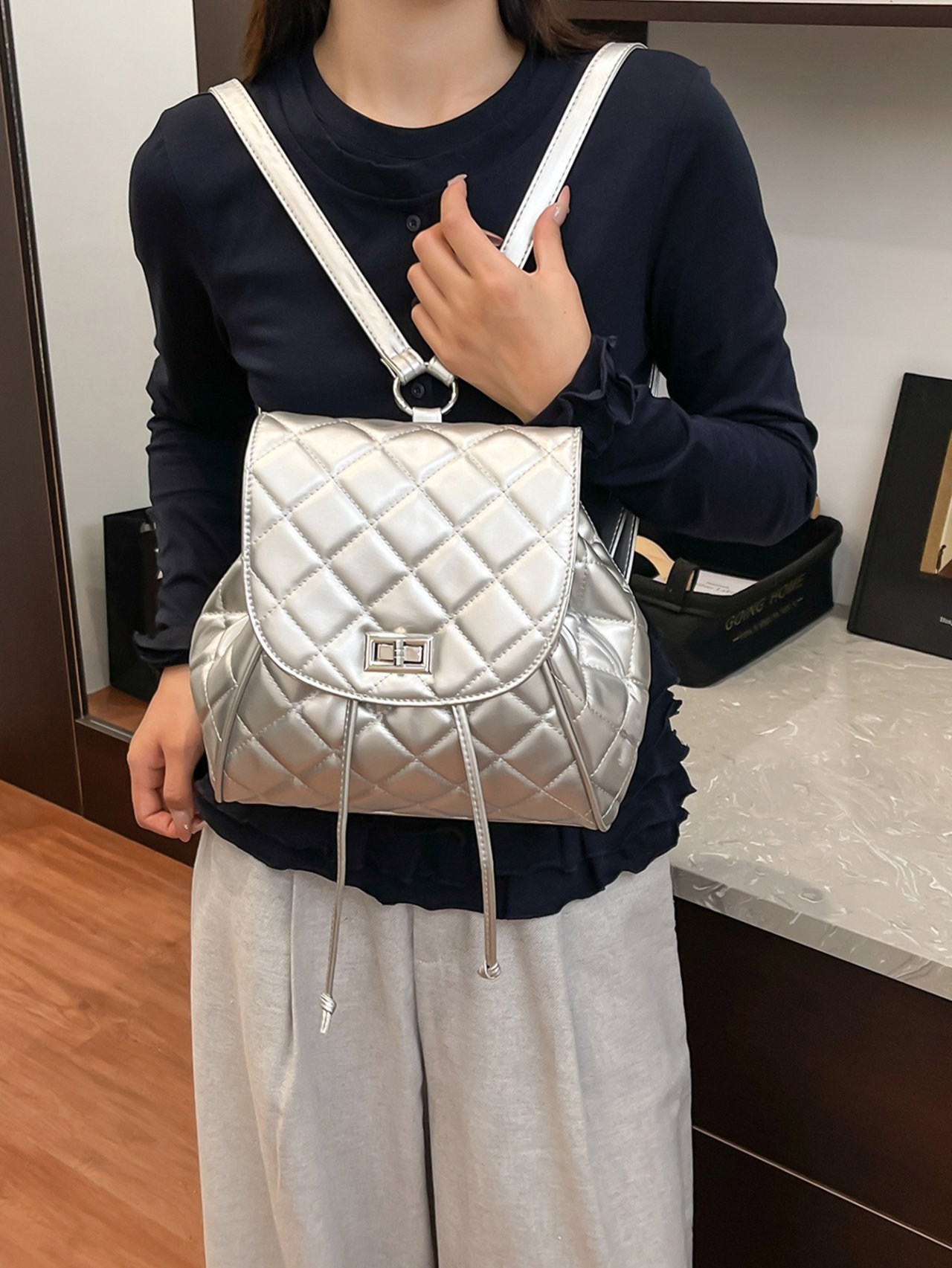 Silver Quilted Backpack 
