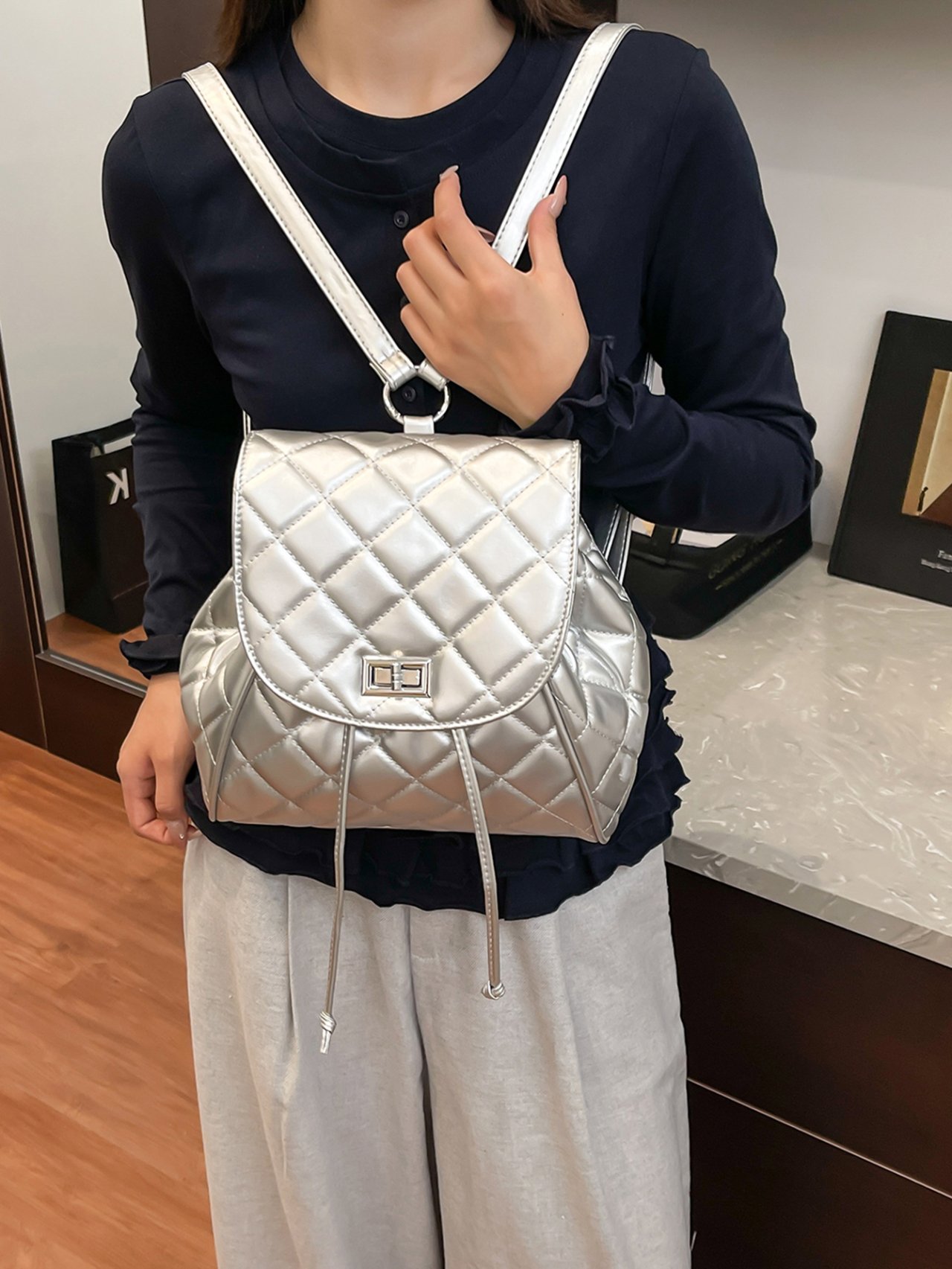 Silver Quilted Backpack 