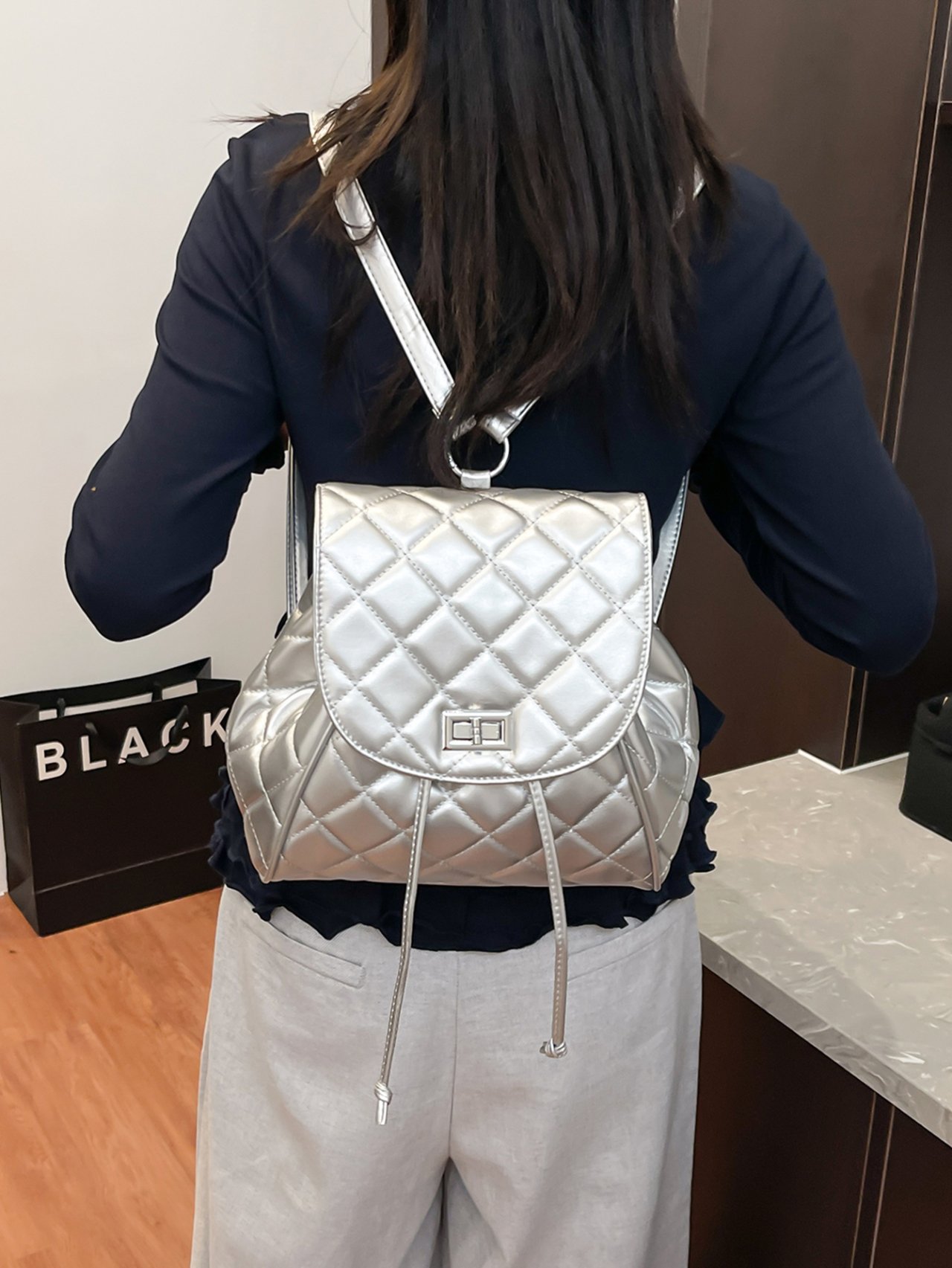 Silver Quilted Backpack 