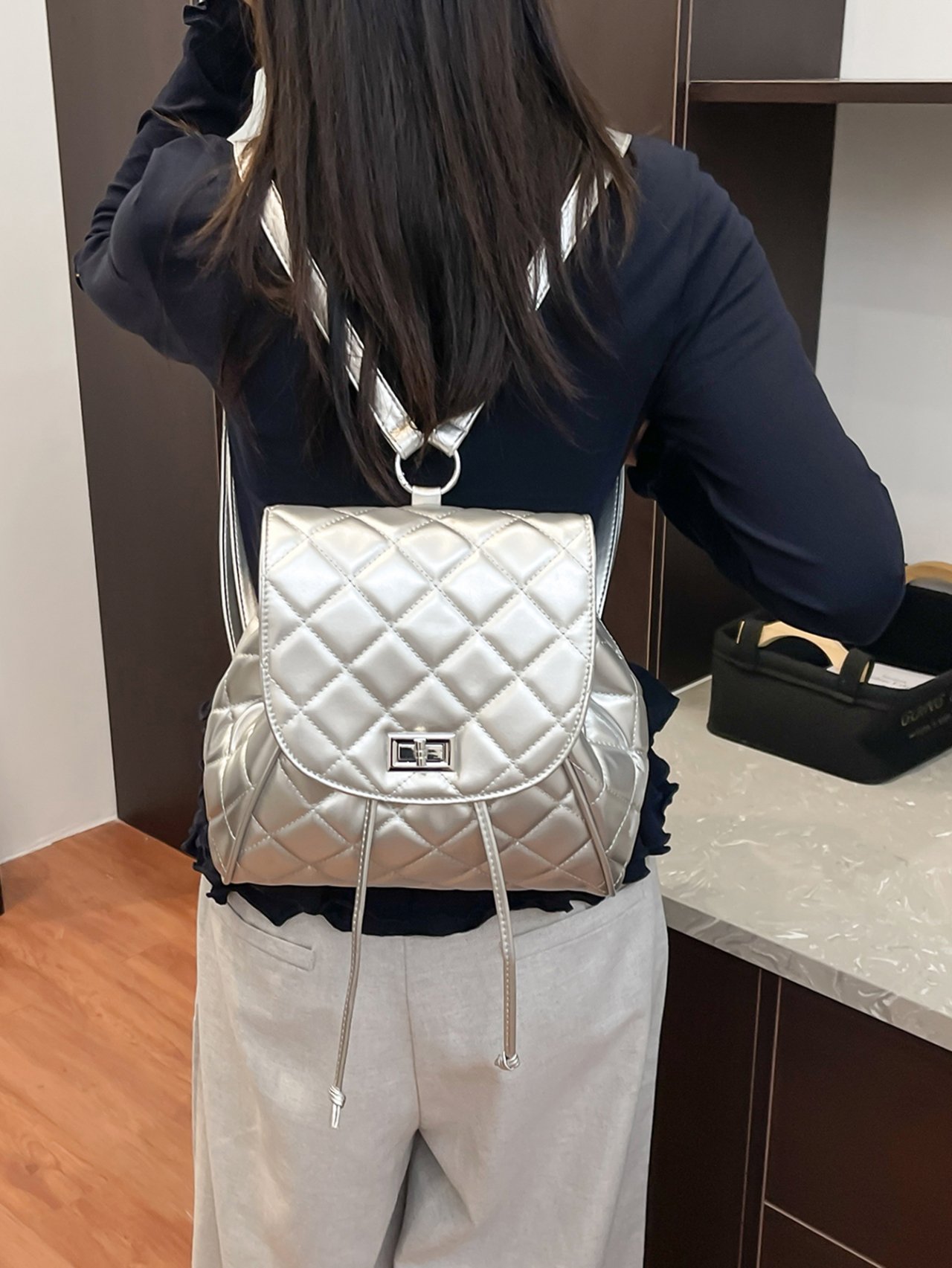 Silver Quilted Backpack 