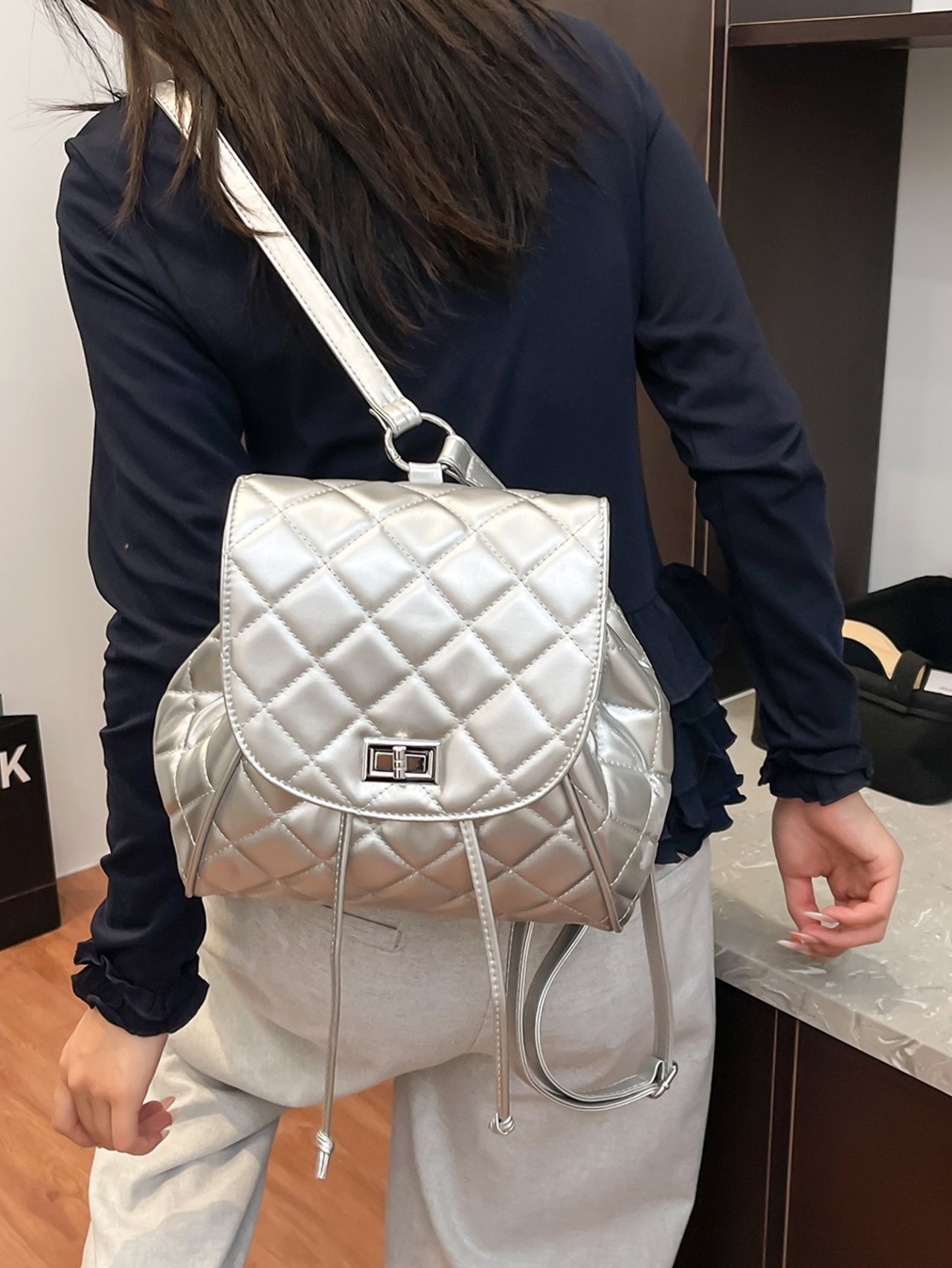 Silver Quilted Backpack 