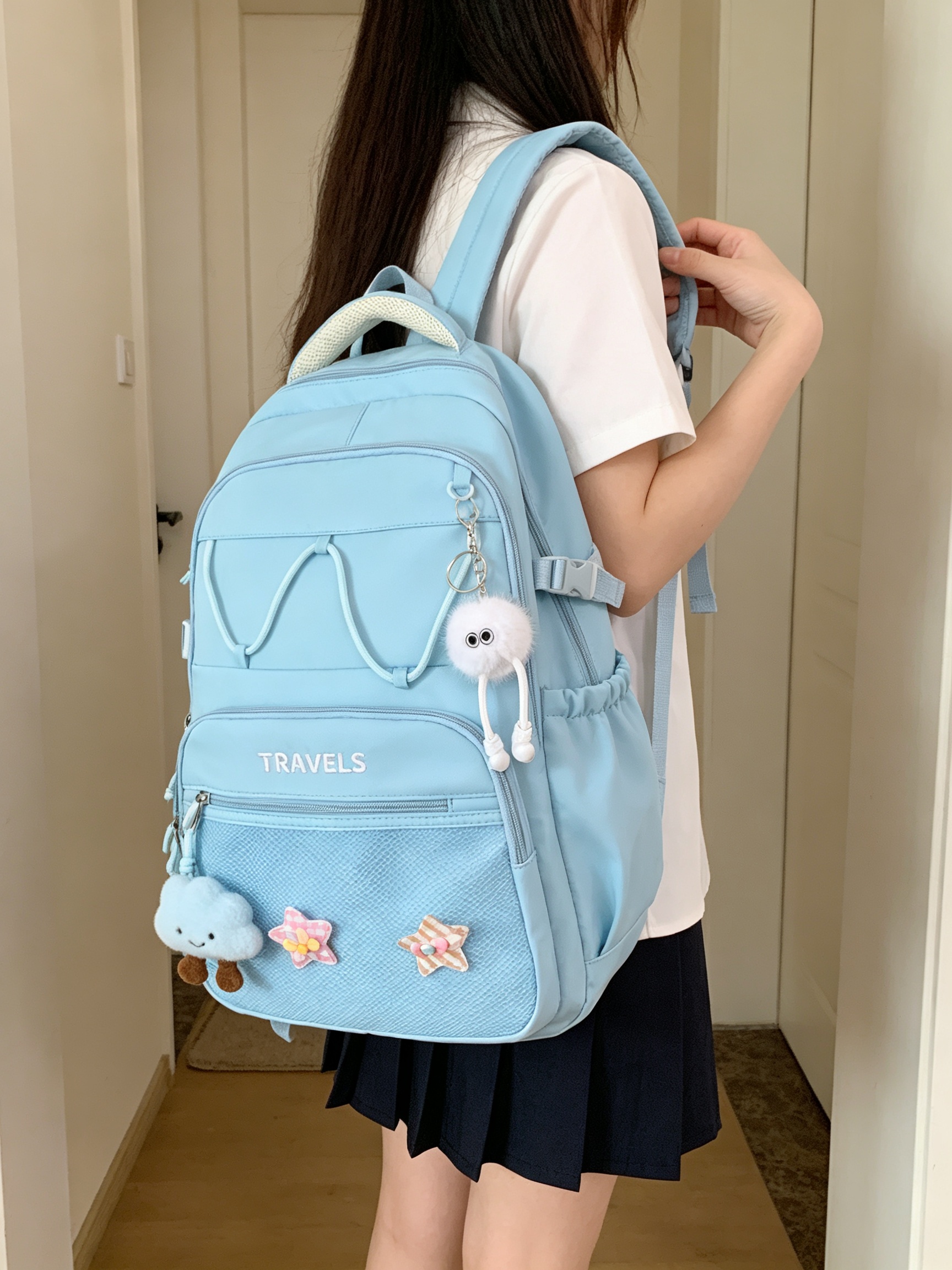 Blue Plain Backpack with Charm