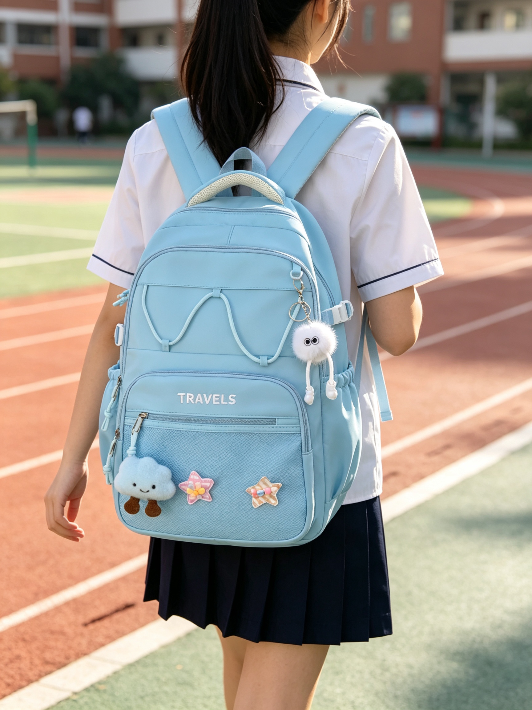 Blue Plain Backpack with Charm