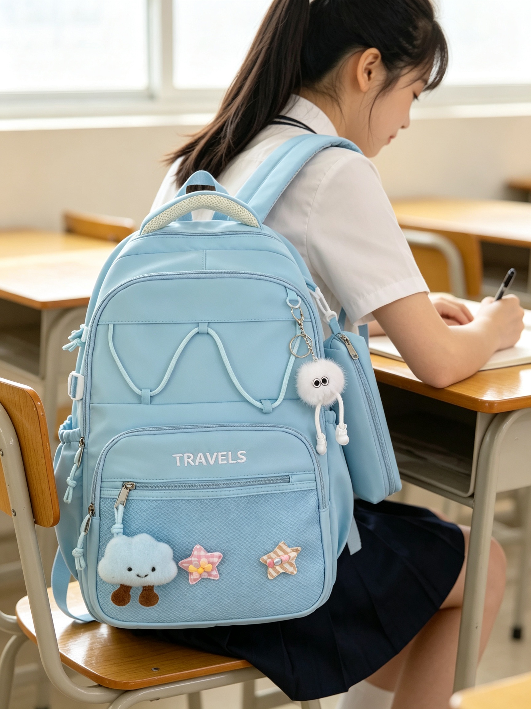 Blue Plain Backpack with Charm