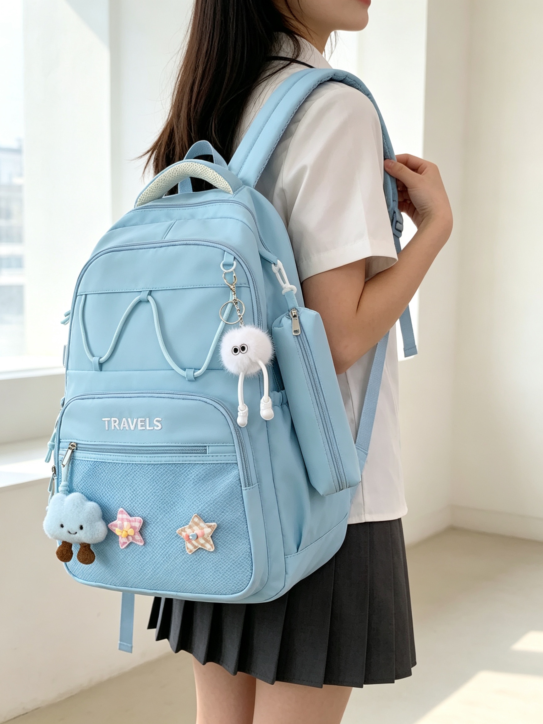 Blue Plain Backpack with Charm