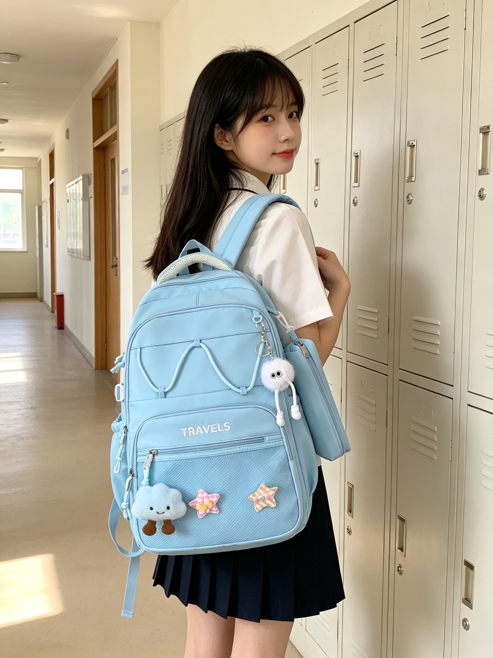 Blue Plain Backpack with Charm