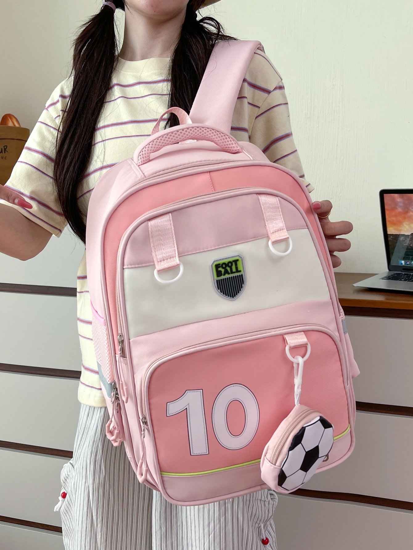 Pink School Backpack with Football Charm