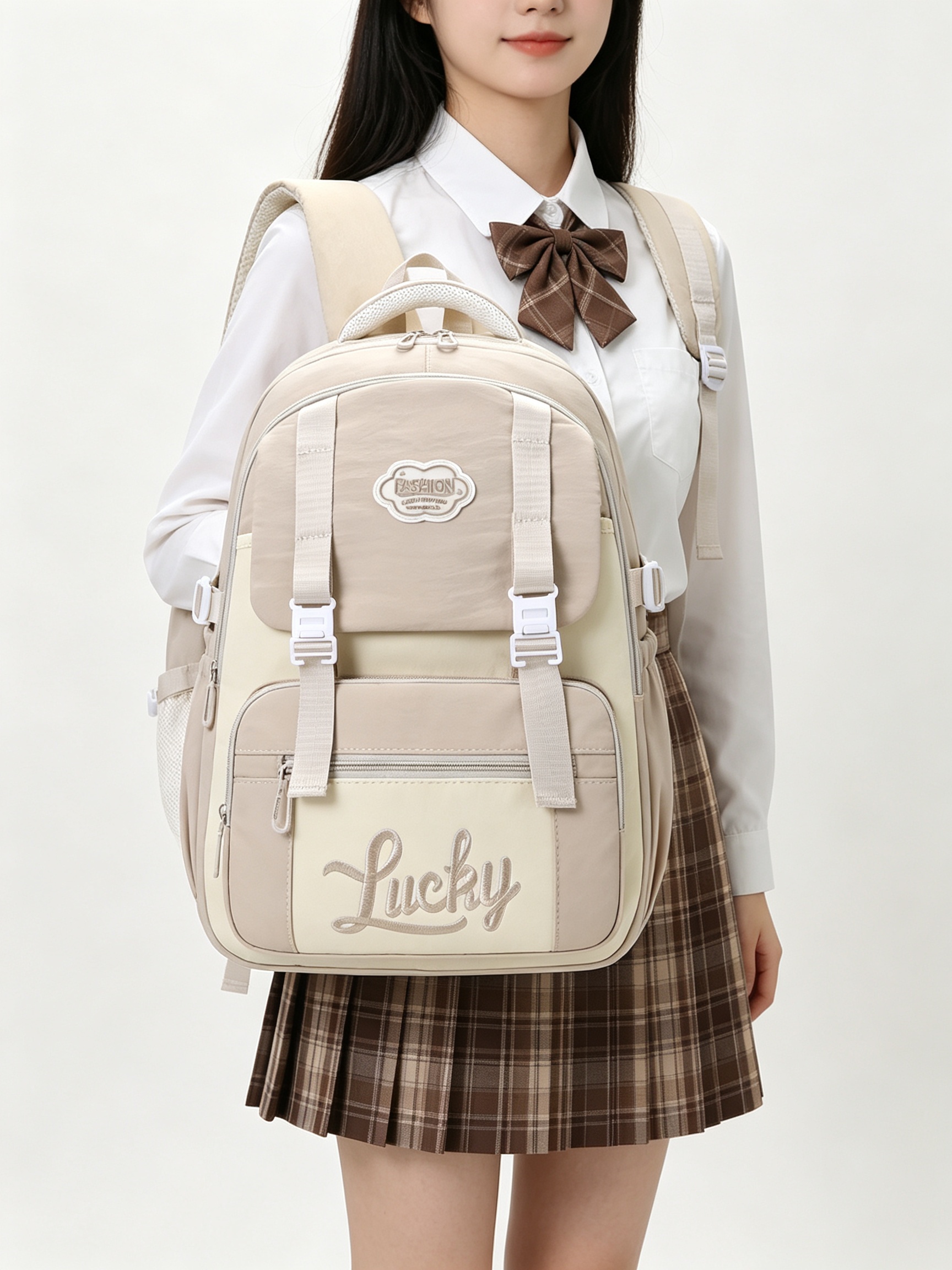 Beige Plain Backpack
