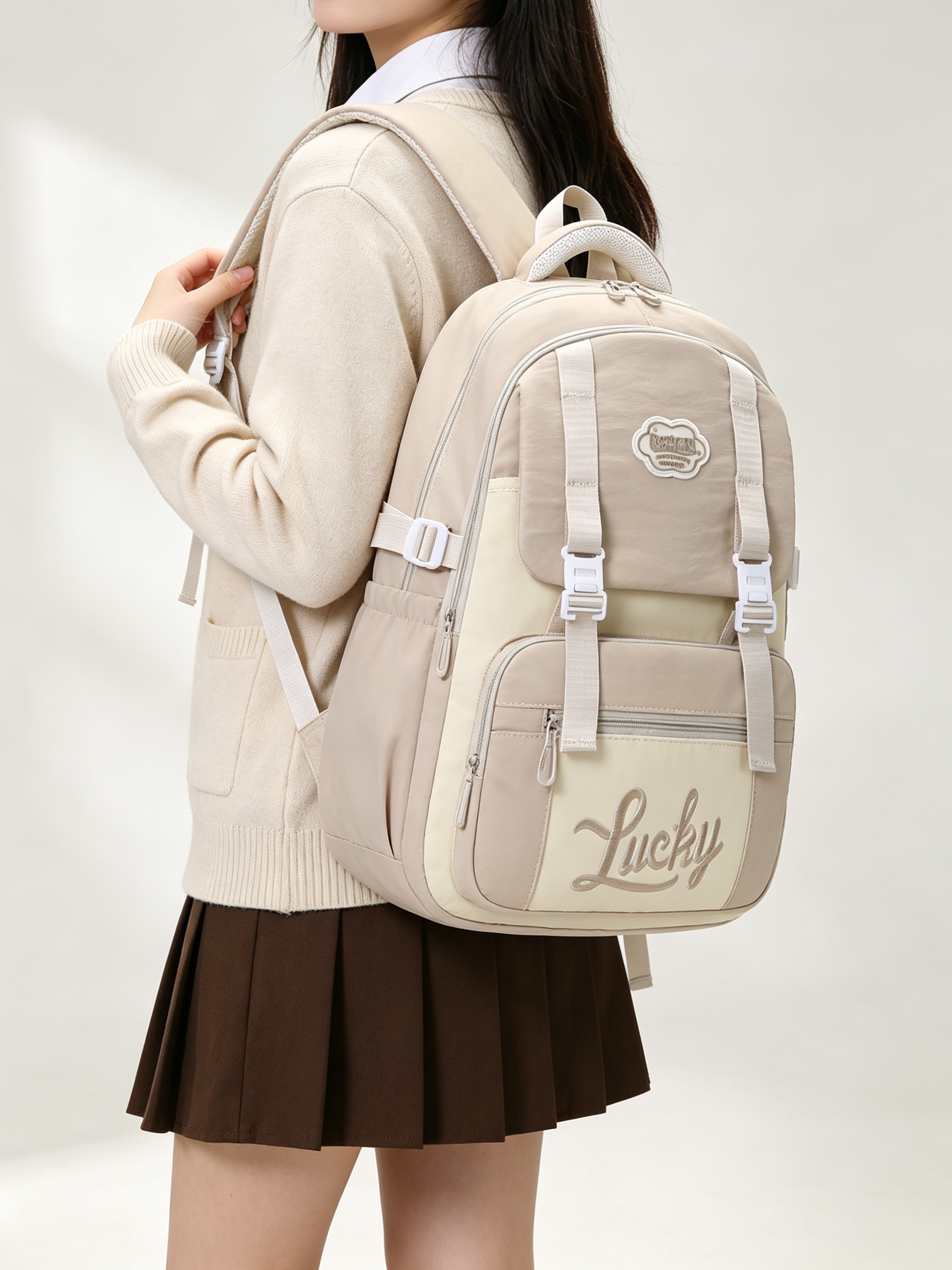Beige Plain Backpack