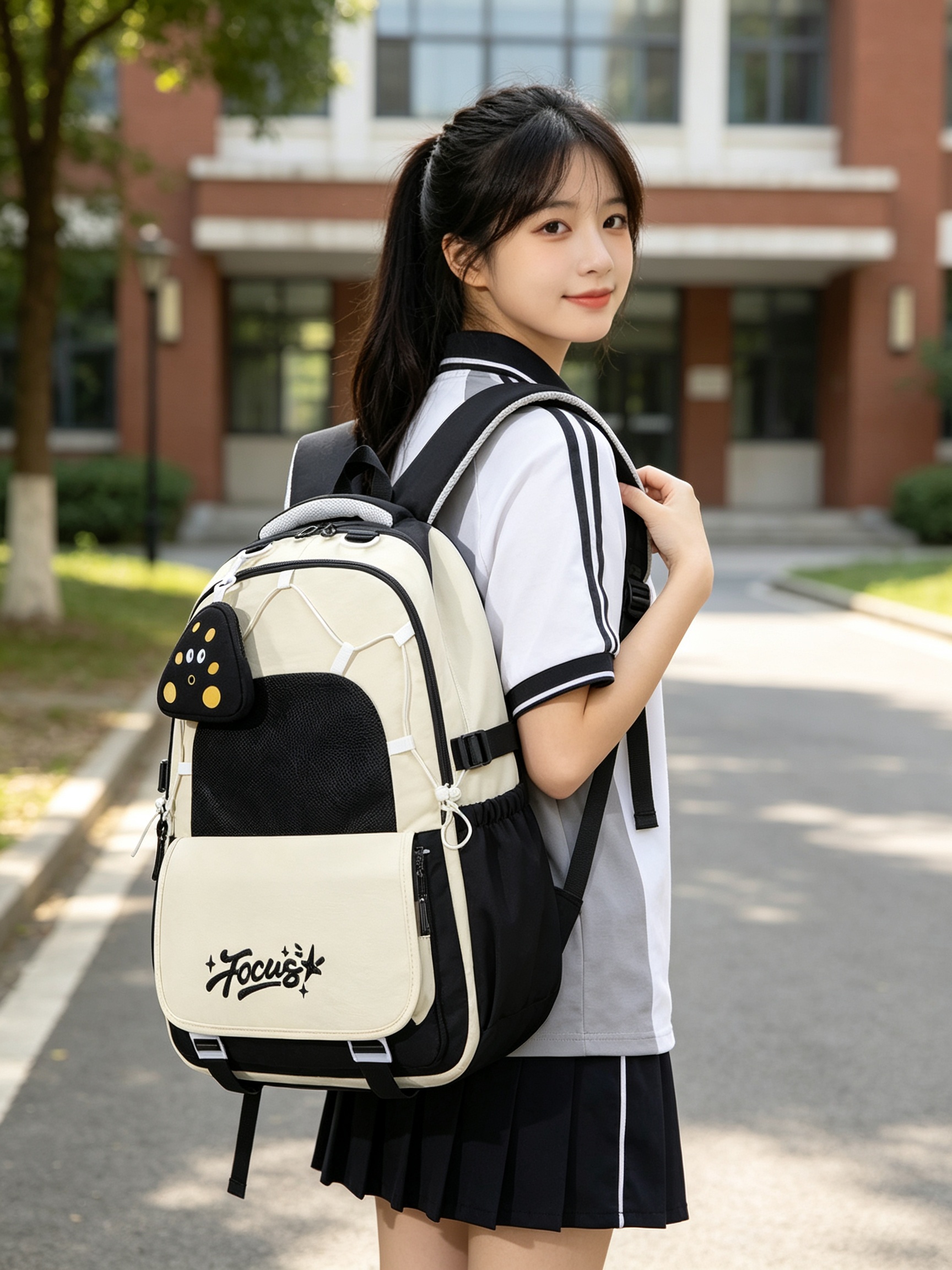 Black Plain Backpack with Charm