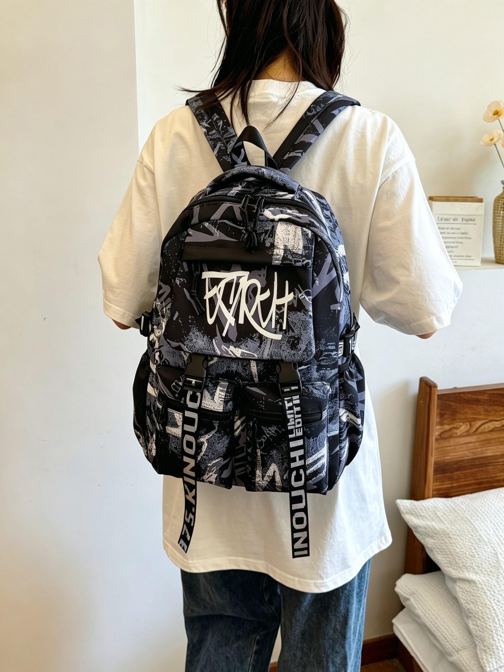 Black Graffiti Print Backpack 
