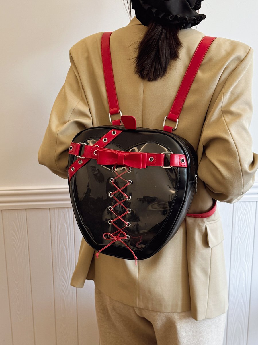 Heart-Shaped Patent Backpack with Red Lacing