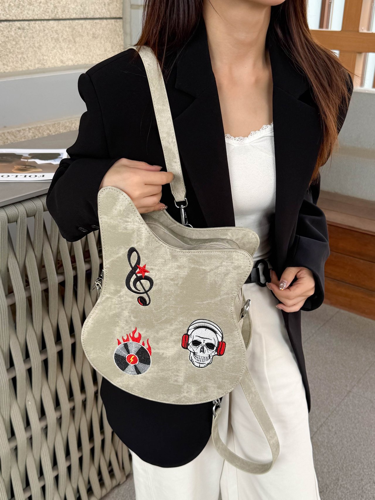 Khaki Guitar-Shaped Crossbody Bag with Music and Skull Patches