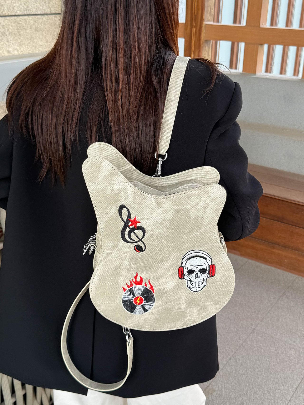 Khaki Guitar-Shaped Crossbody Bag with Music and Skull Patches