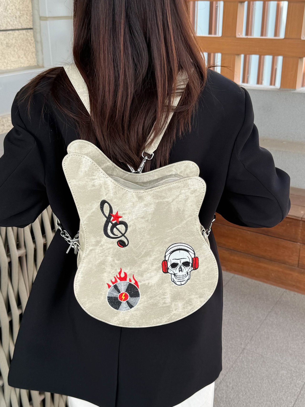 Khaki Guitar-Shaped Crossbody Bag with Music and Skull Patches
