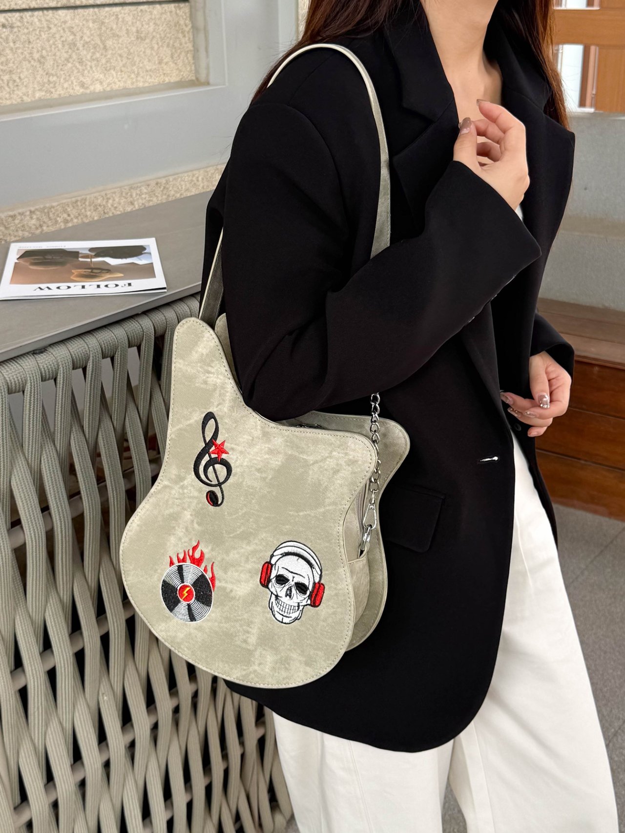 Khaki Guitar-Shaped Crossbody Bag with Music and Skull Patches
