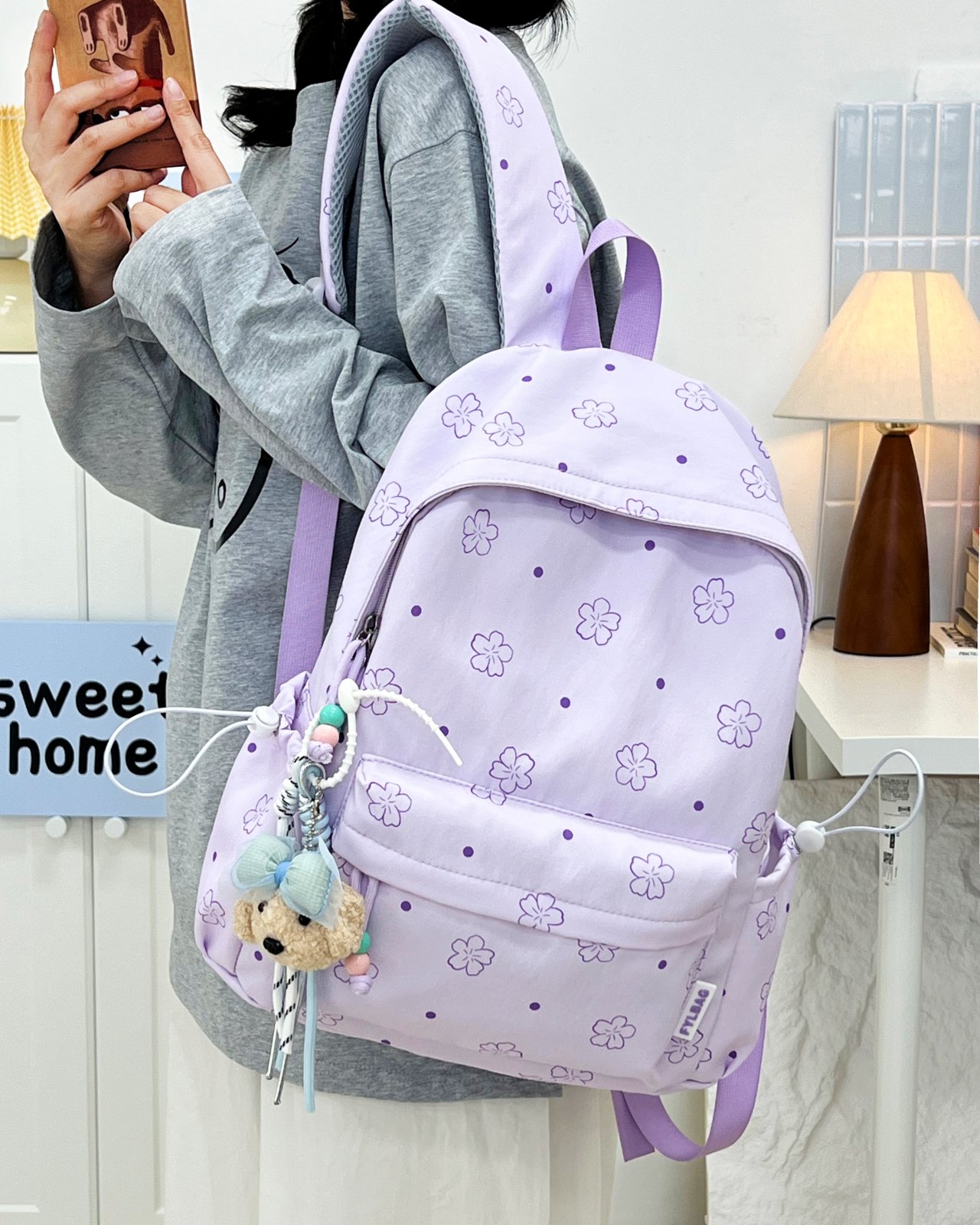 Lilac Floral Backpack with Charm