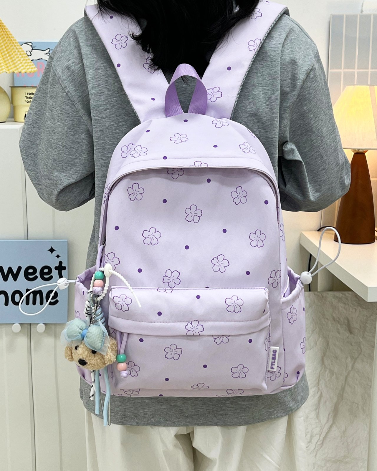 Lilac Floral Backpack with Charm