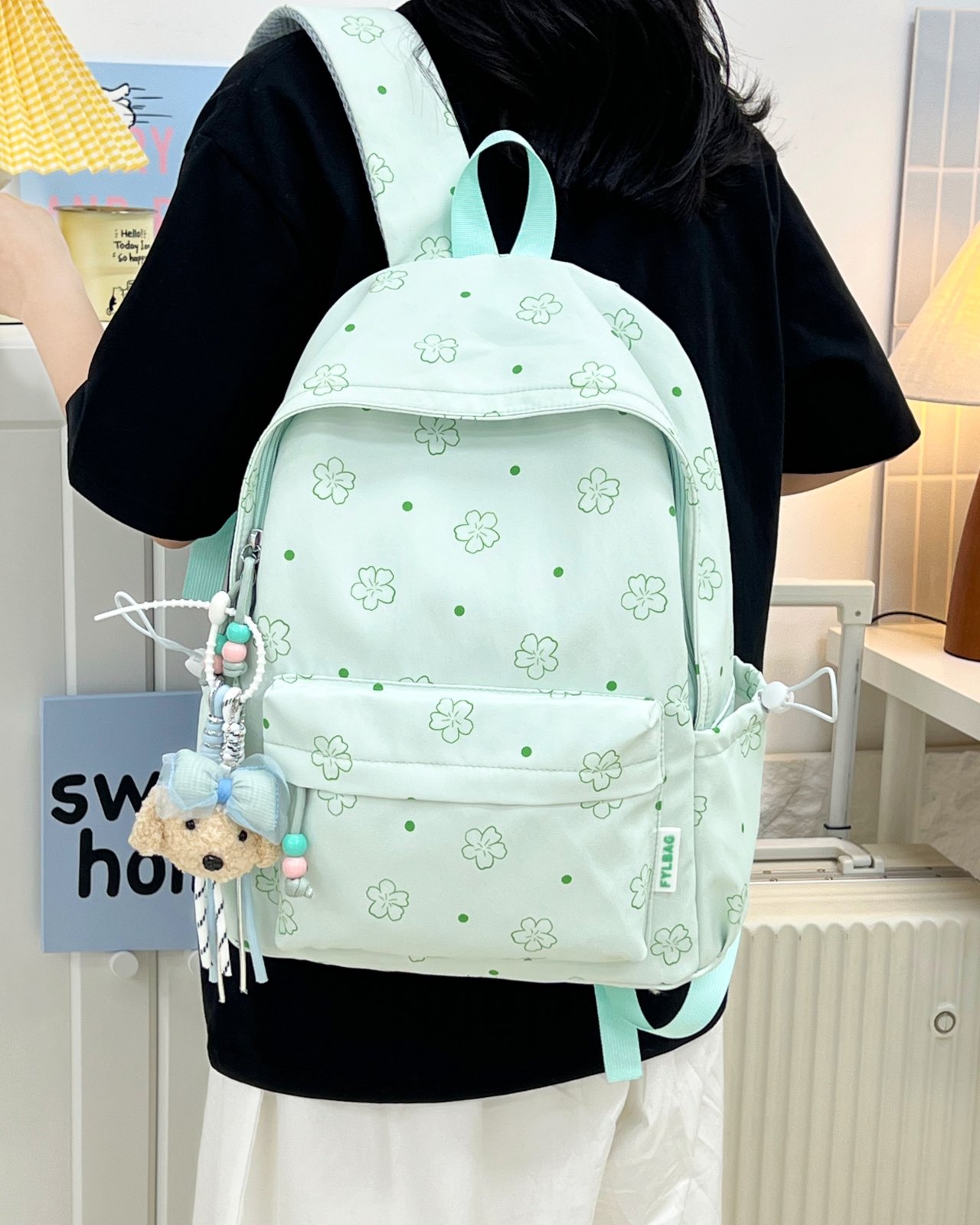 Green Floral Backpack with Charm