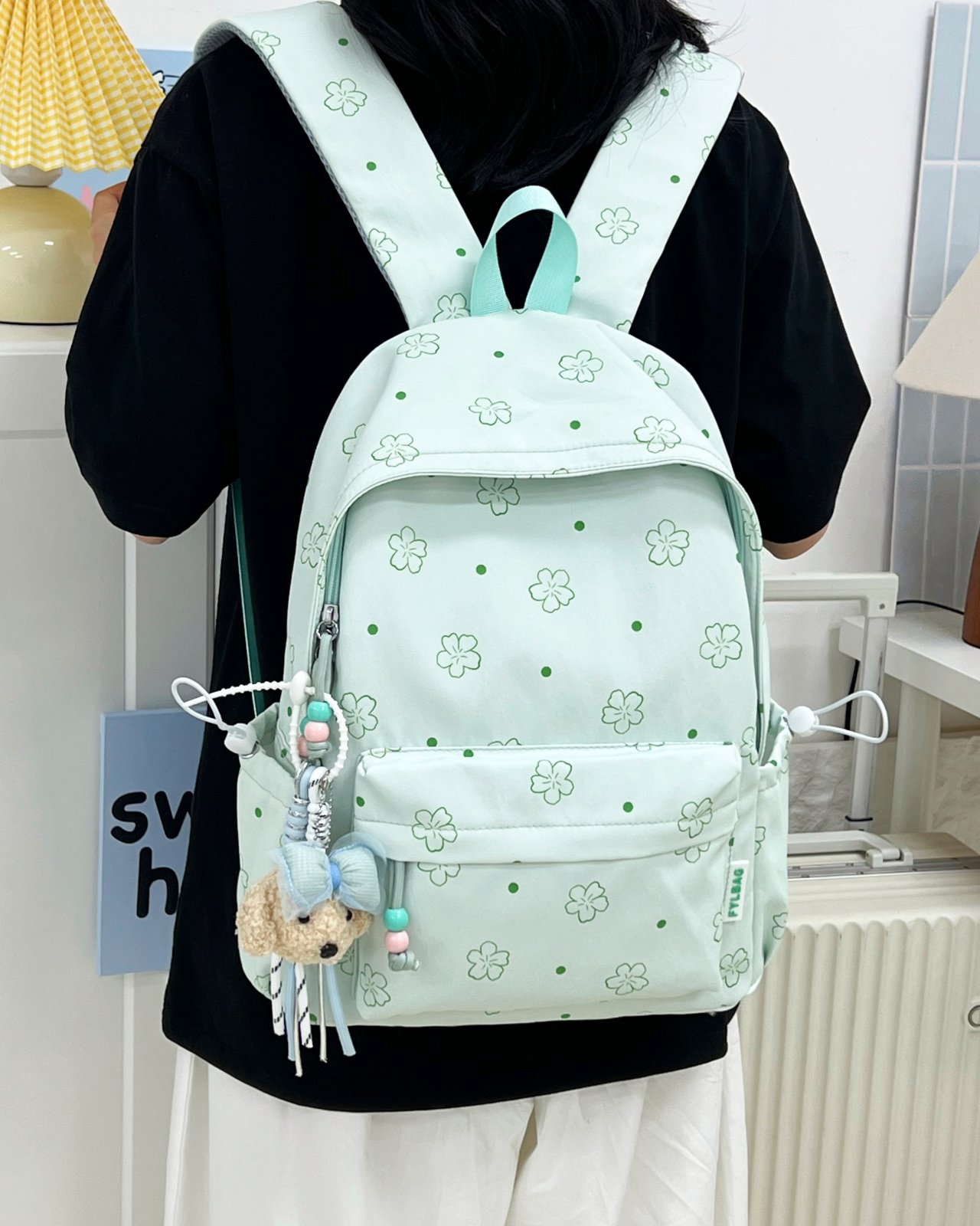 Green Floral Backpack with Charm