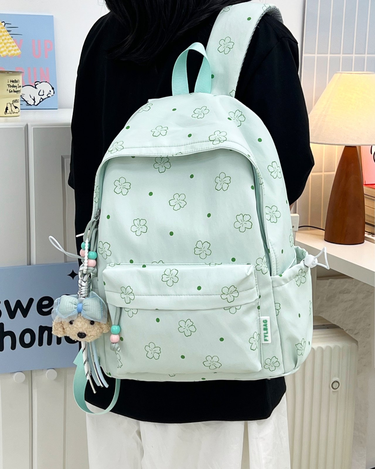 Green Floral Backpack with Charm