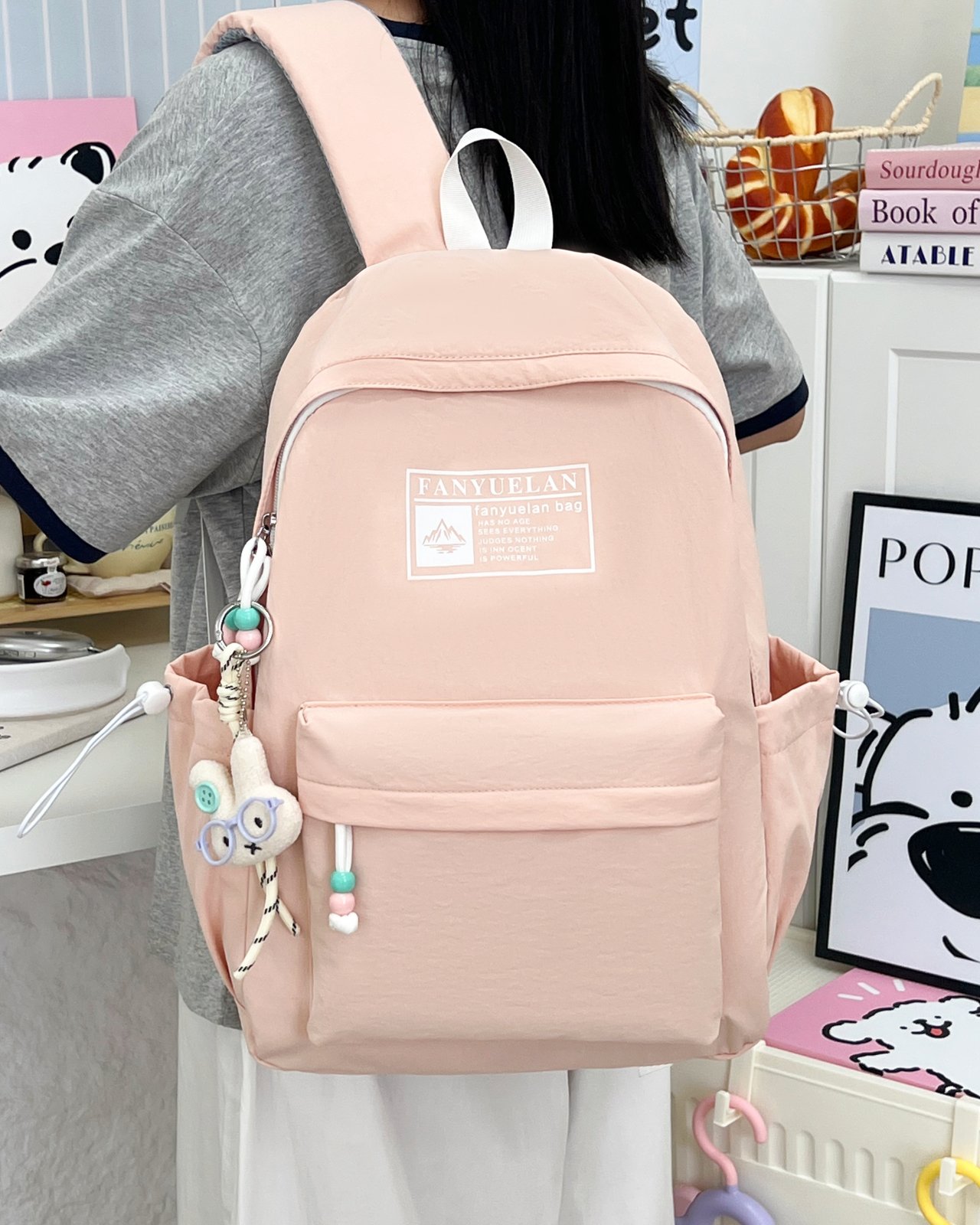 Pink Casual Backpack with Charm