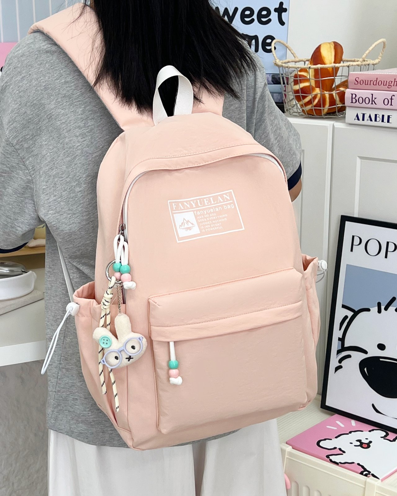 Pink Casual Backpack with Charm