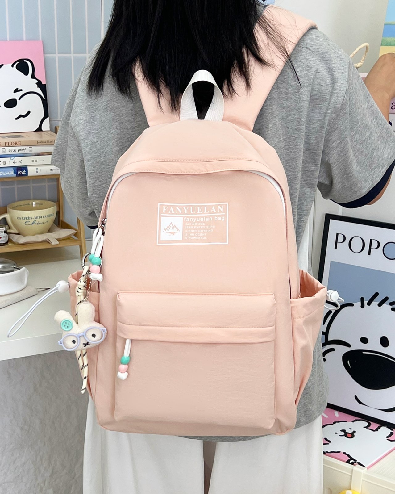 Pink Casual Backpack with Charm