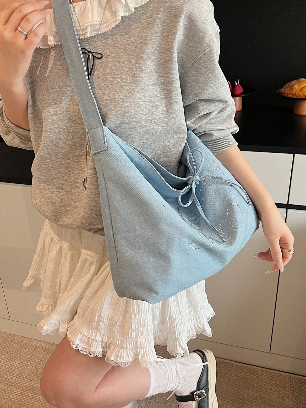 Light Blue Shoulder Bag with Embellishments