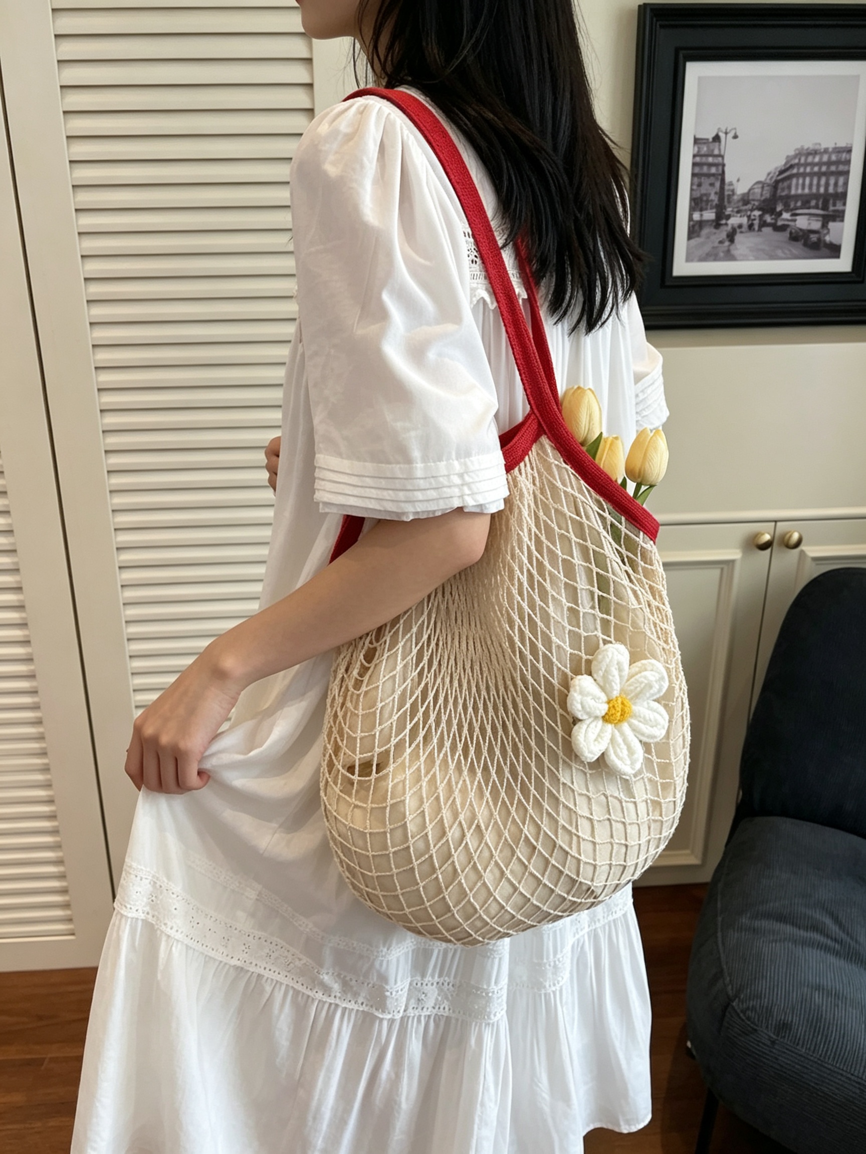 Red Strap Crochet Net Shoulder Bag with Daisy Charm