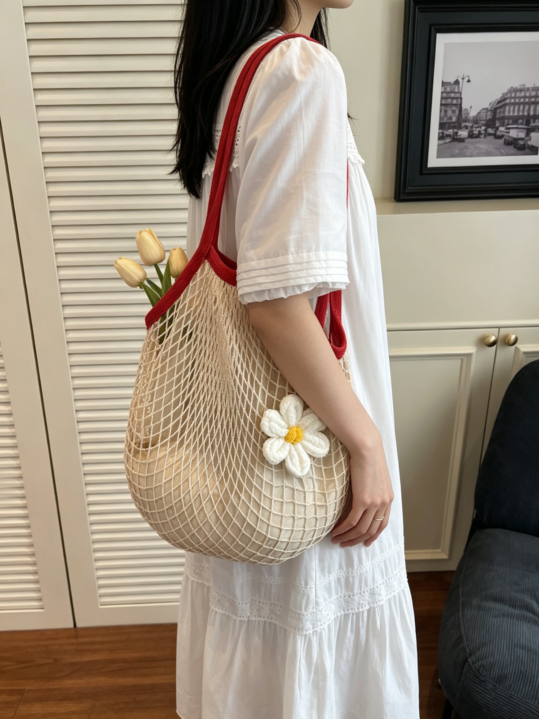 Red Strap Crochet Net Shoulder Bag with Daisy Charm