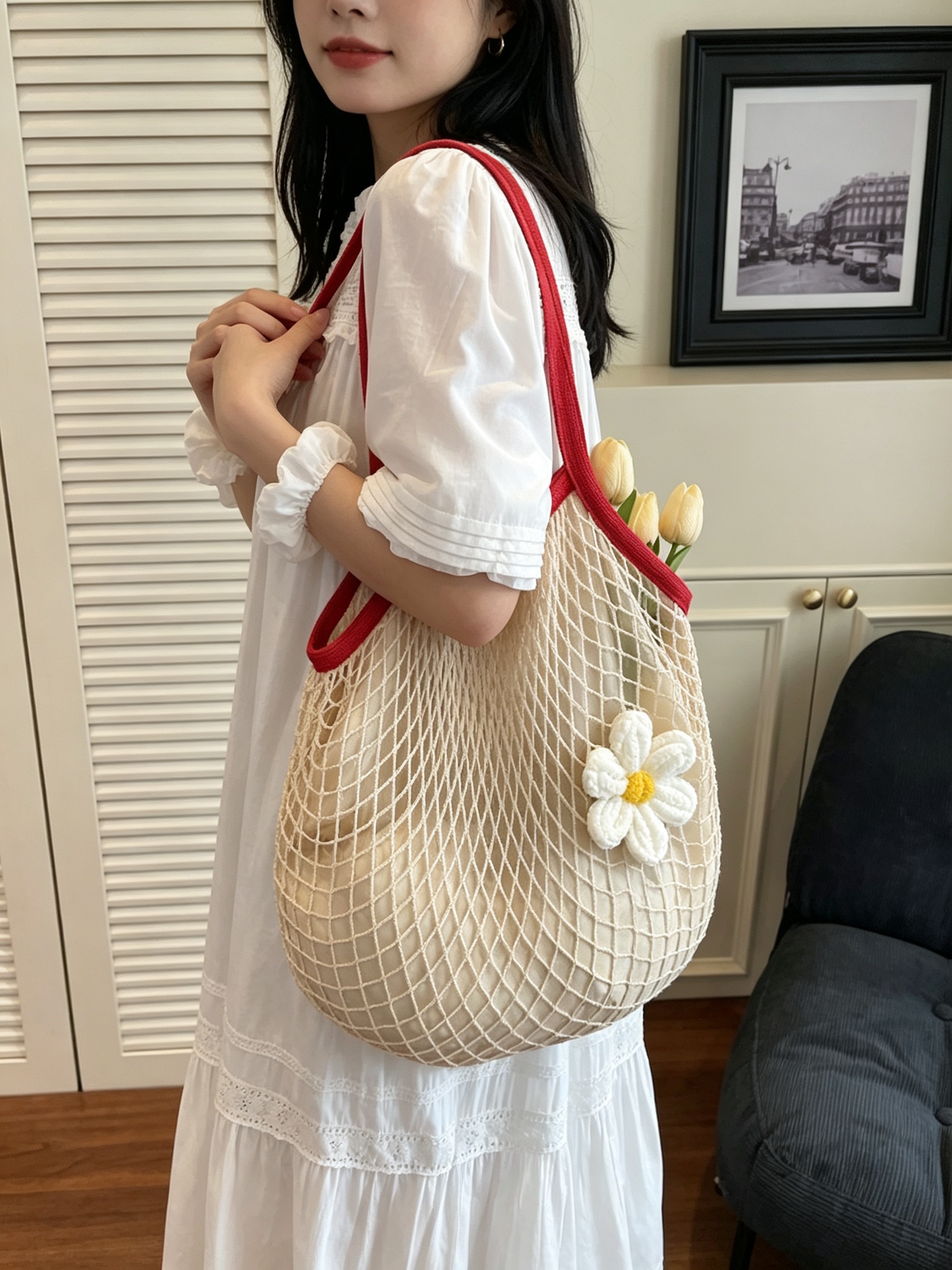 Red Strap Crochet Net Shoulder Bag with Daisy Charm