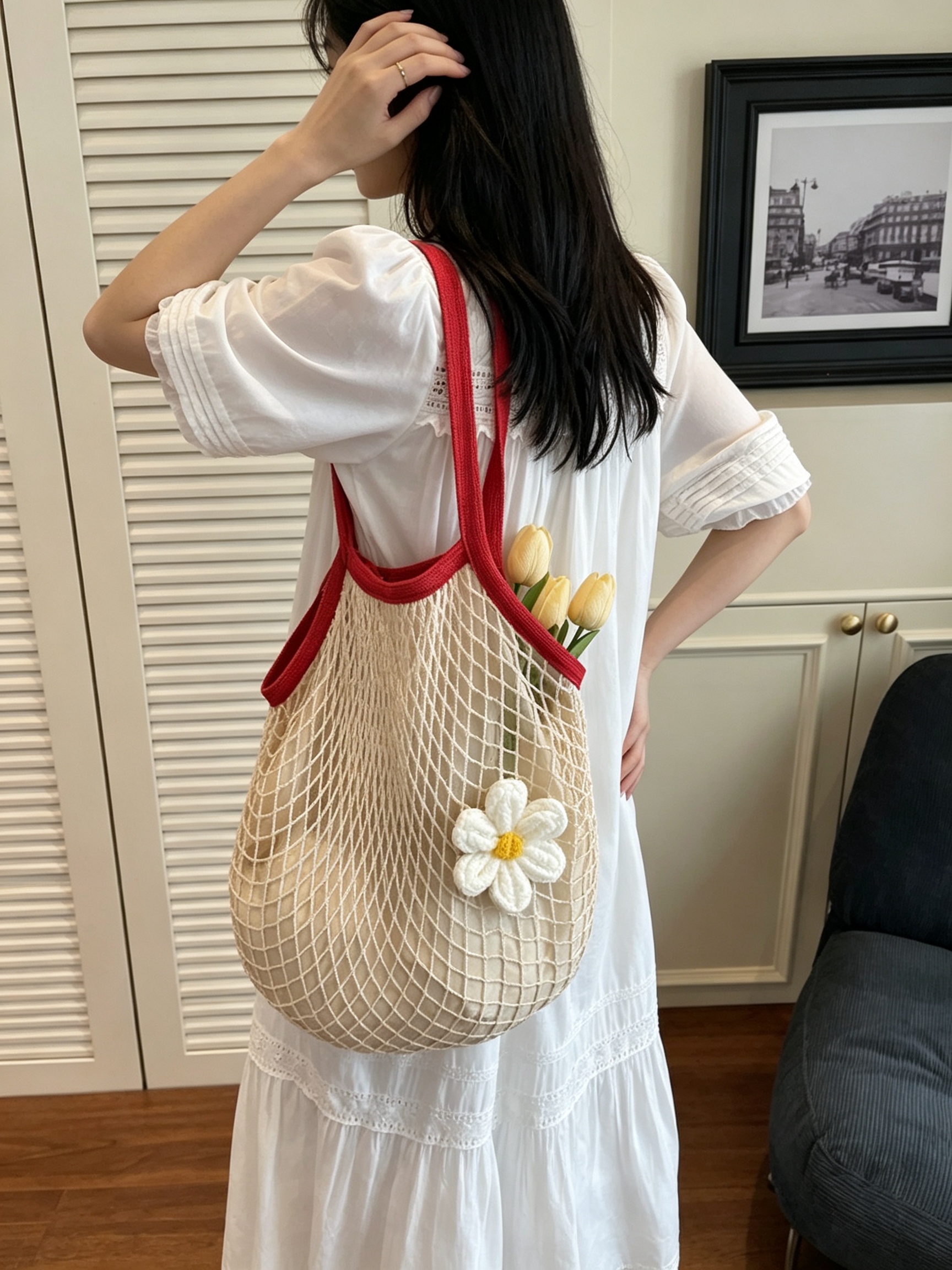 Red Strap Crochet Net Shoulder Bag with Daisy Charm
