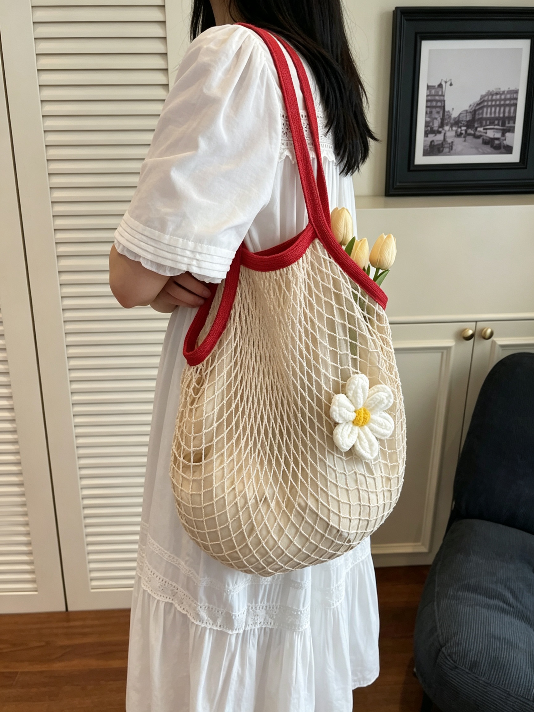 Red Strap Crochet Net Shoulder Bag with Daisy Charm