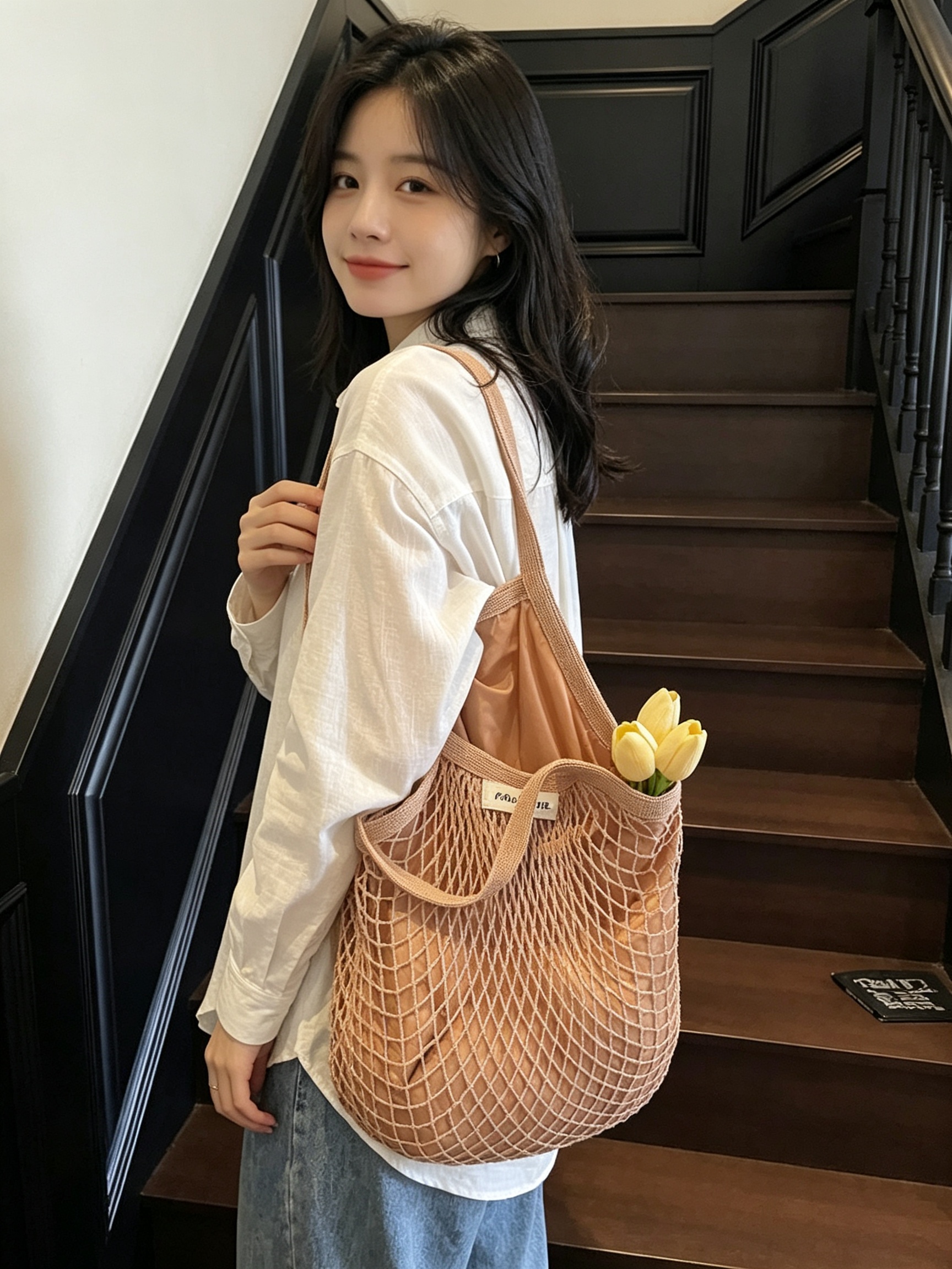 Khaki Net Shoulder Tote Bag