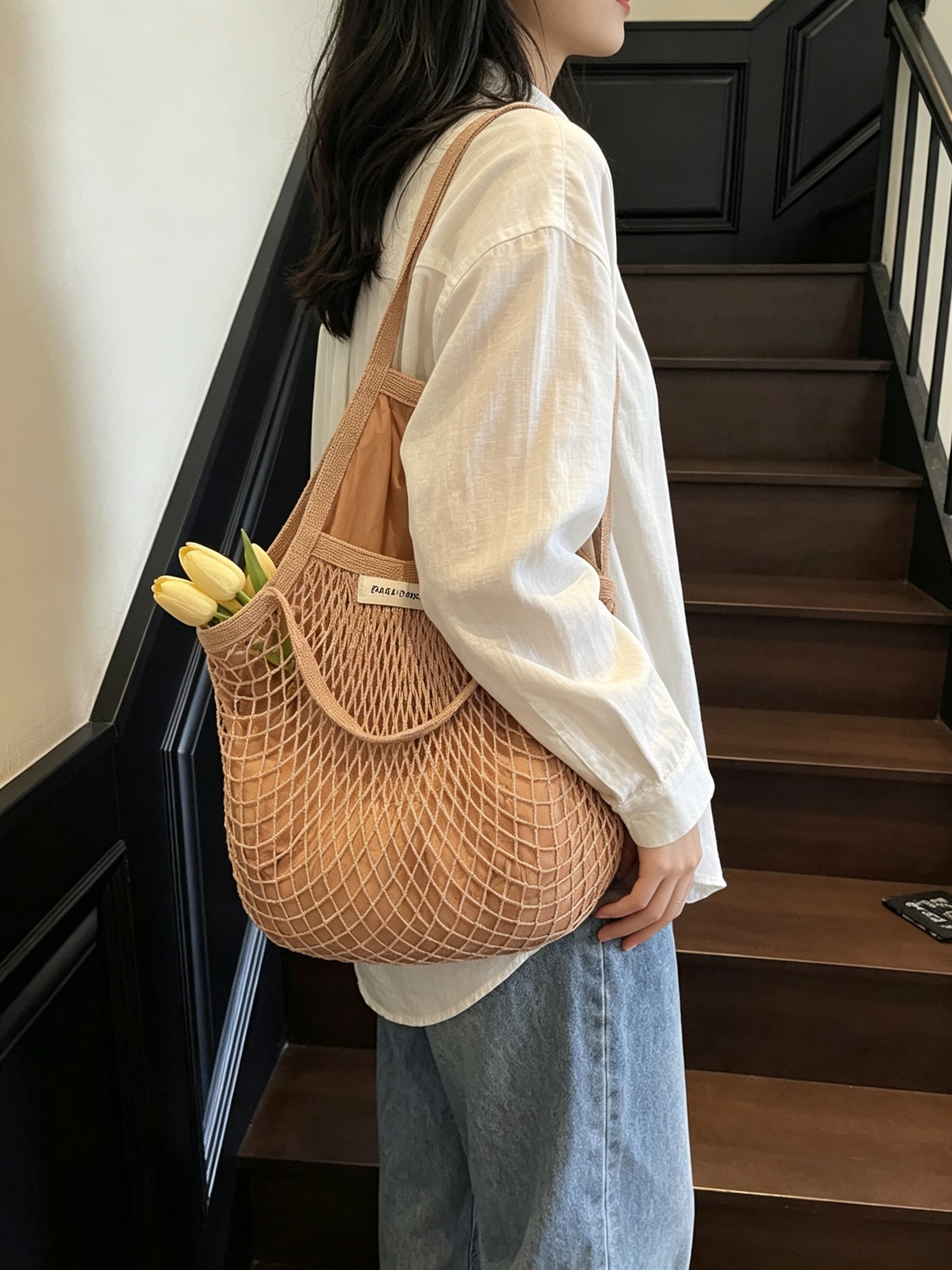 Khaki Net Shoulder Tote Bag