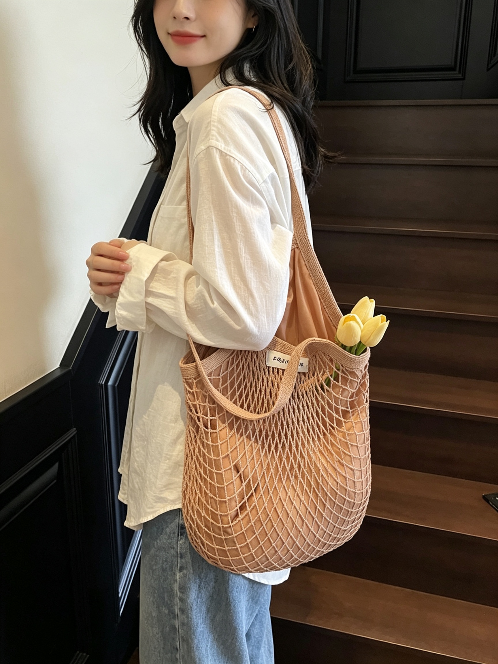 Khaki Net Shoulder Tote Bag