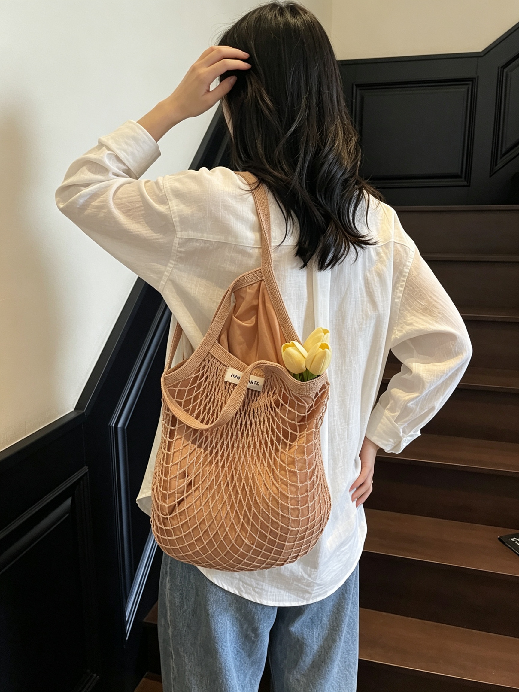 Khaki Net Shoulder Tote Bag