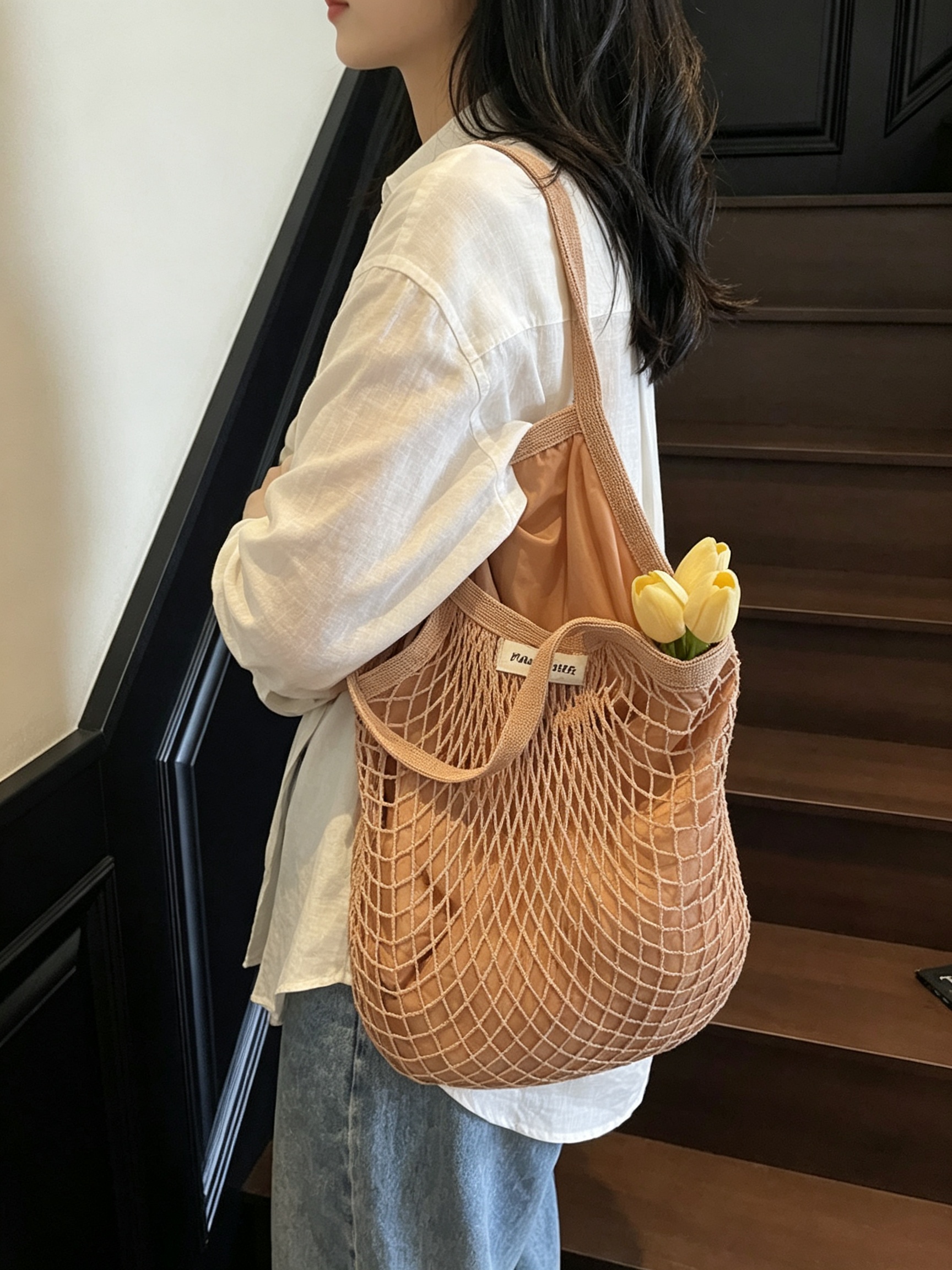 Khaki Net Shoulder Tote Bag