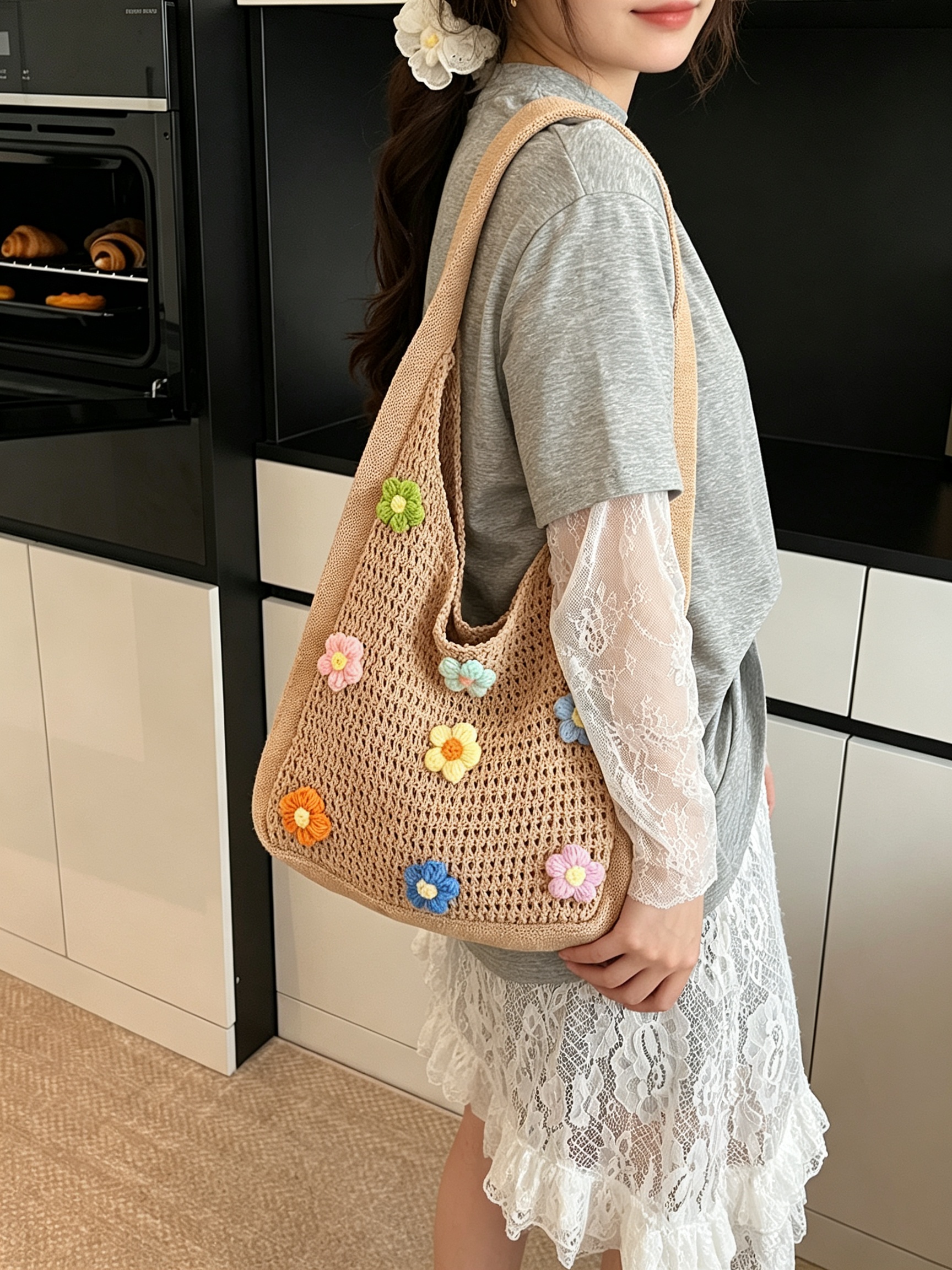 Khaki Crocheted Floral Mesh Shoulder Bag